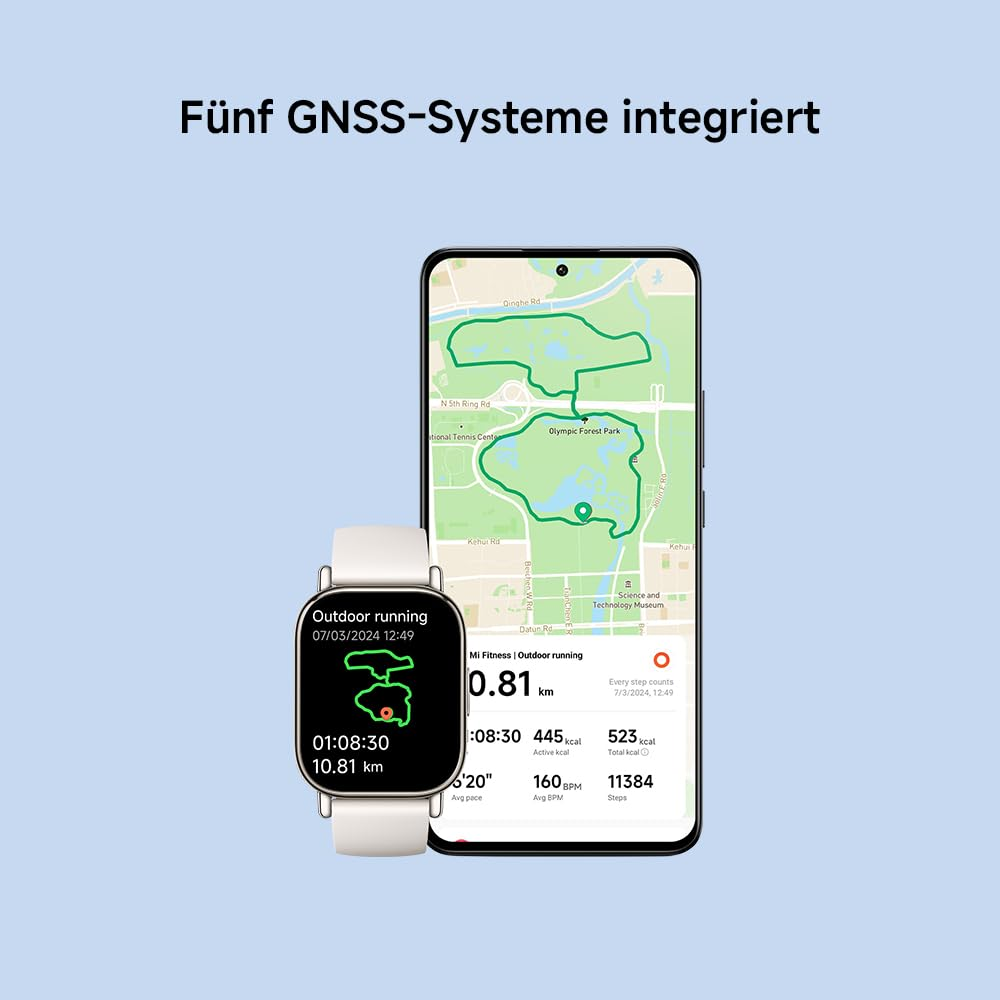 Eine Smartwatch und ein Smartphone zeigen eine Laufroute auf einer Karte, Trainingsdaten und Kalorienverbrauch.