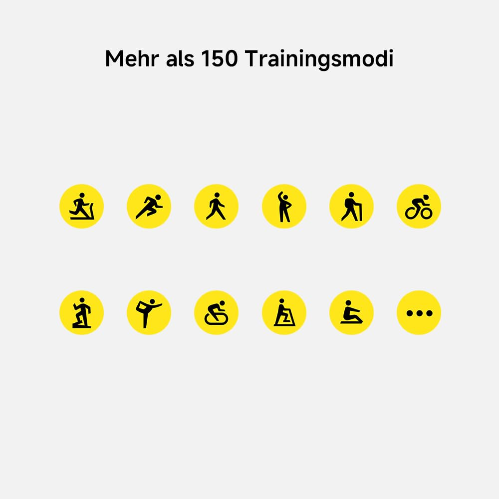 Icons zeigen verschiedene Trainingsmodi: Laufen, Yoga, Radfahren, mehr.