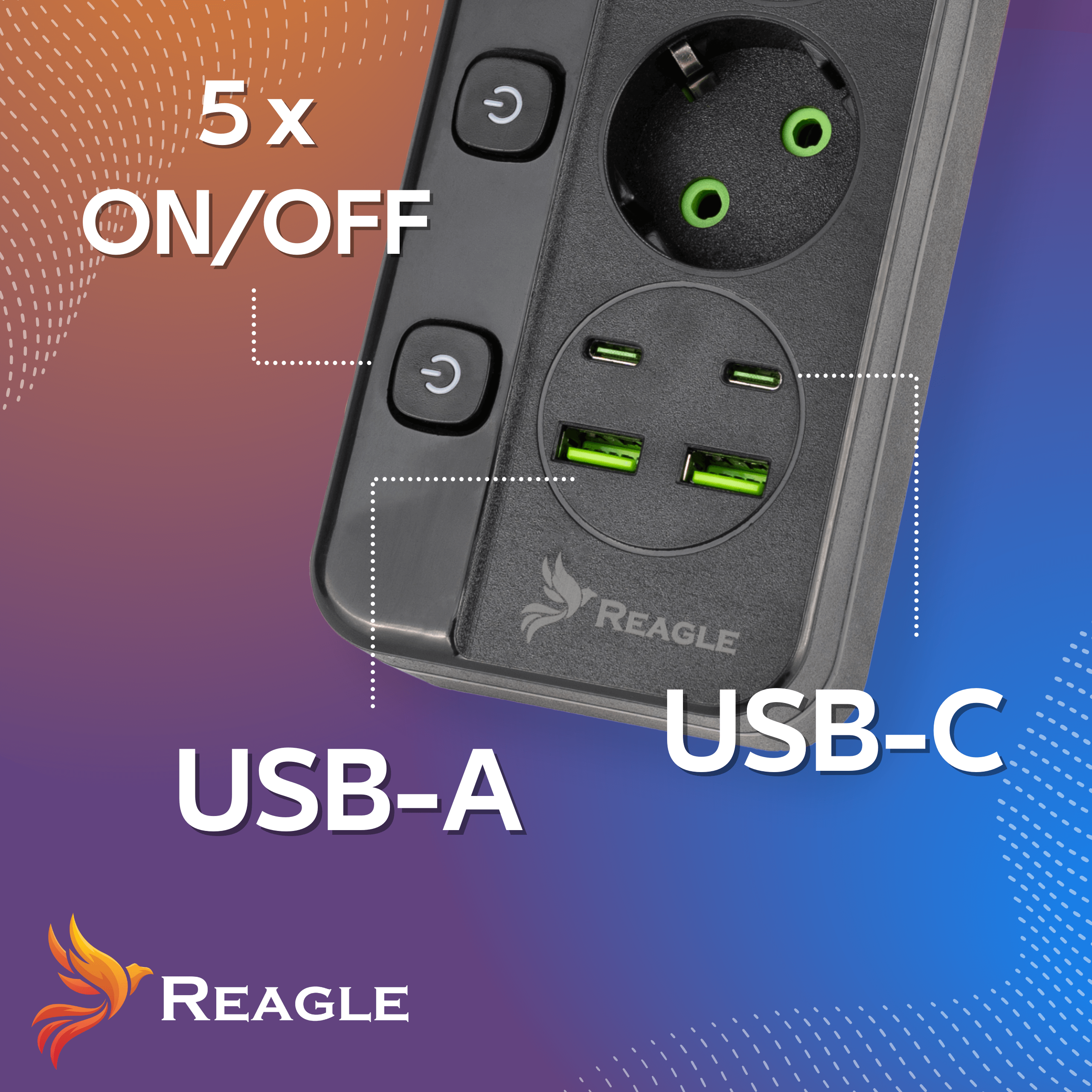 Czarna listwa zasilająca z 5 włącznikami/wyłącznikami, portami USB-A i USB-C.