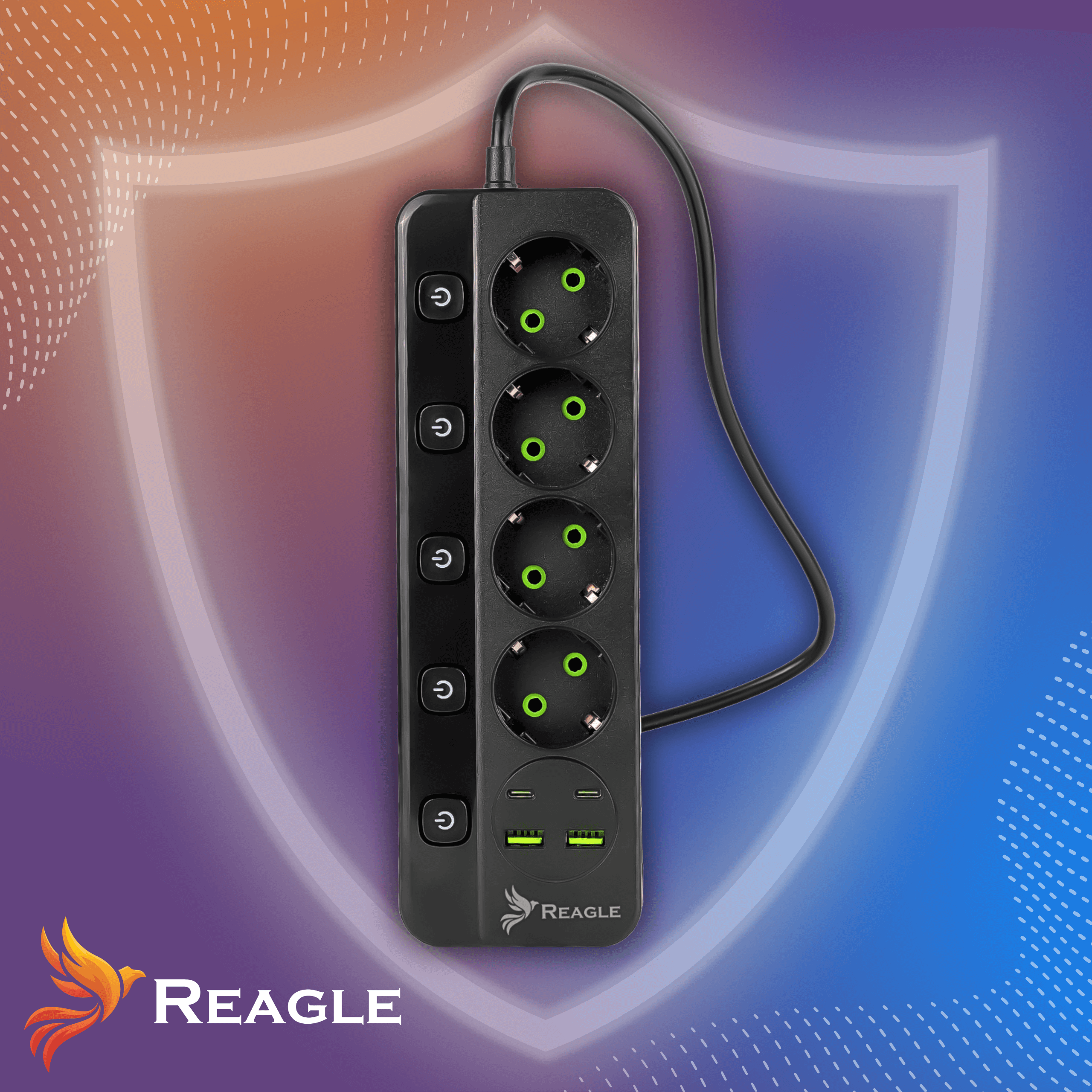 Czarna listwa zasilająca z 4 gniazdami, 2 portami USB i wyłącznikami.