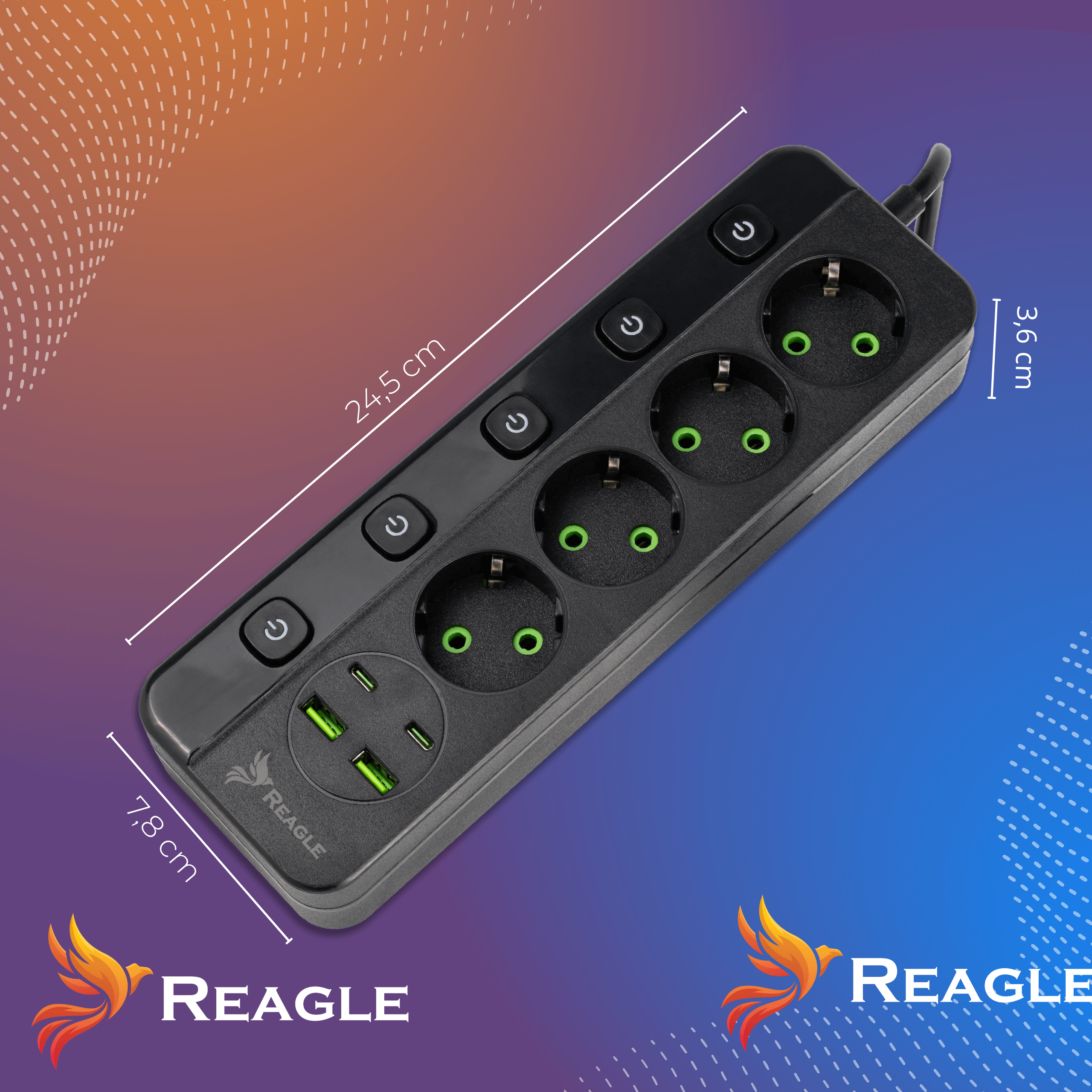 Czarna listwa zasilająca z 4 gniazdami i 2 portami USB.