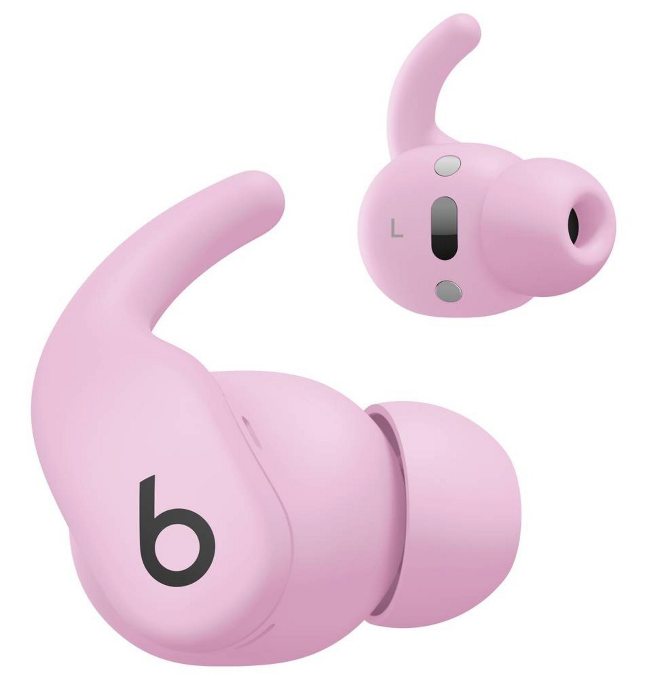 Due auricolari wireless rosa con logo nero.