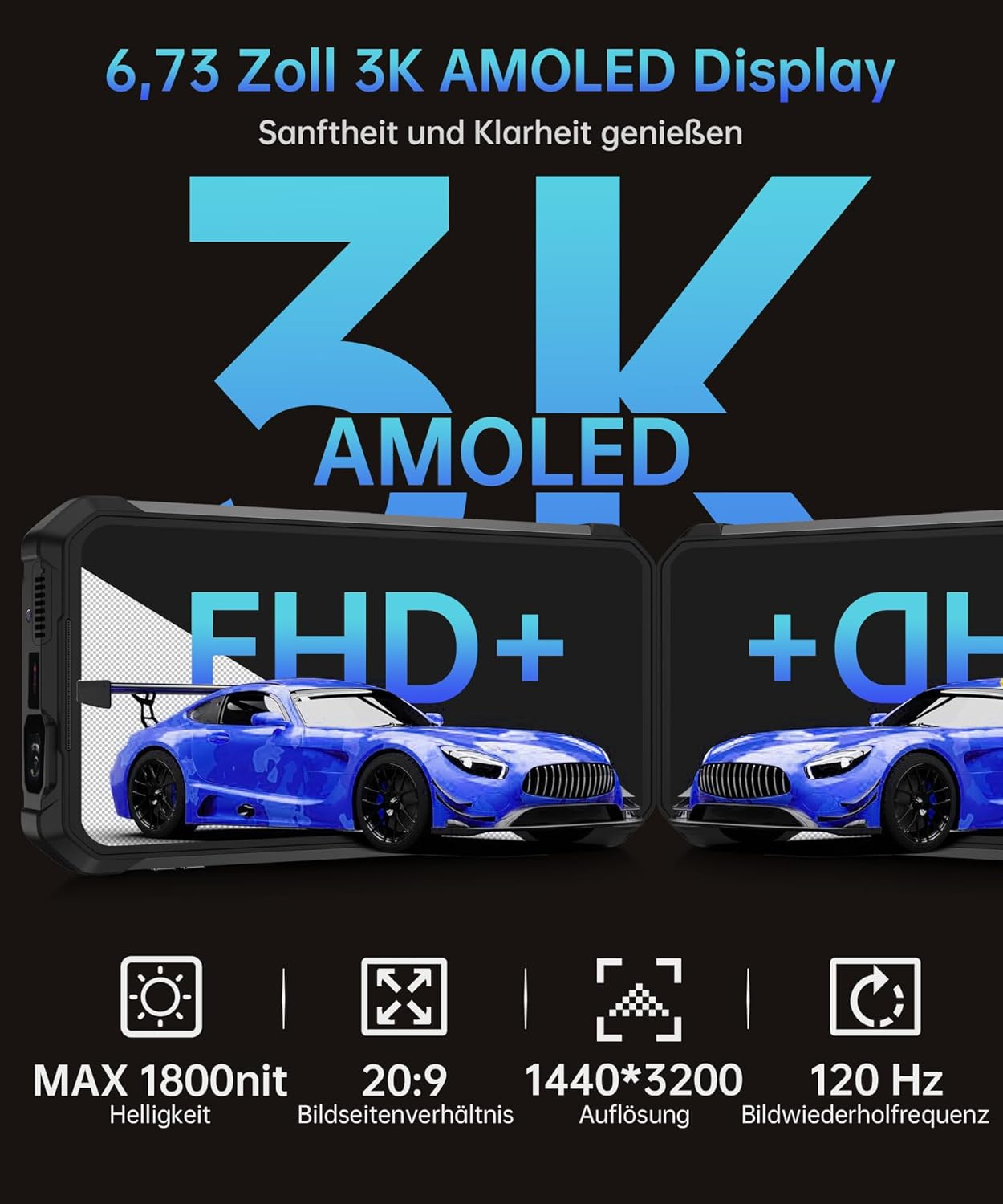 6,73 Zoll 3K AMOLED Display mit zwei blauen Sportwagen.