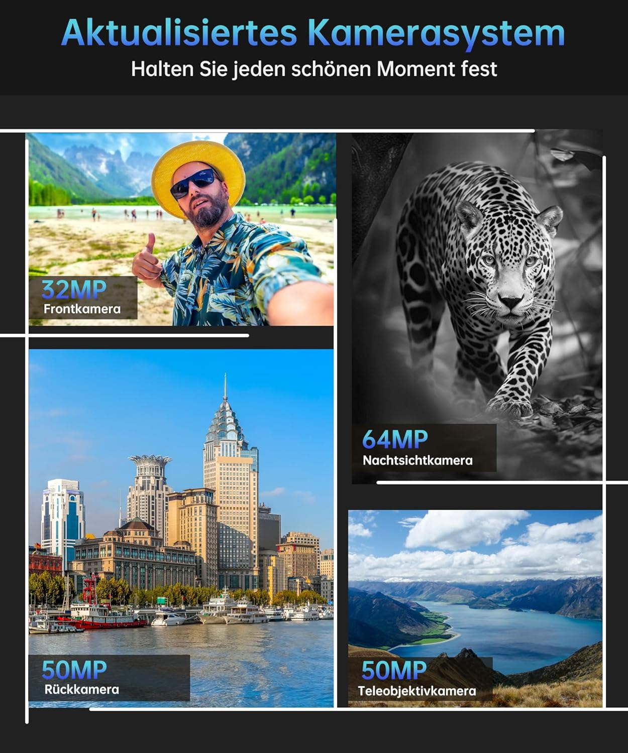 Mann macht Selfie am Strand, Leopard, Stadt, Landschaft. Kamerasystem.