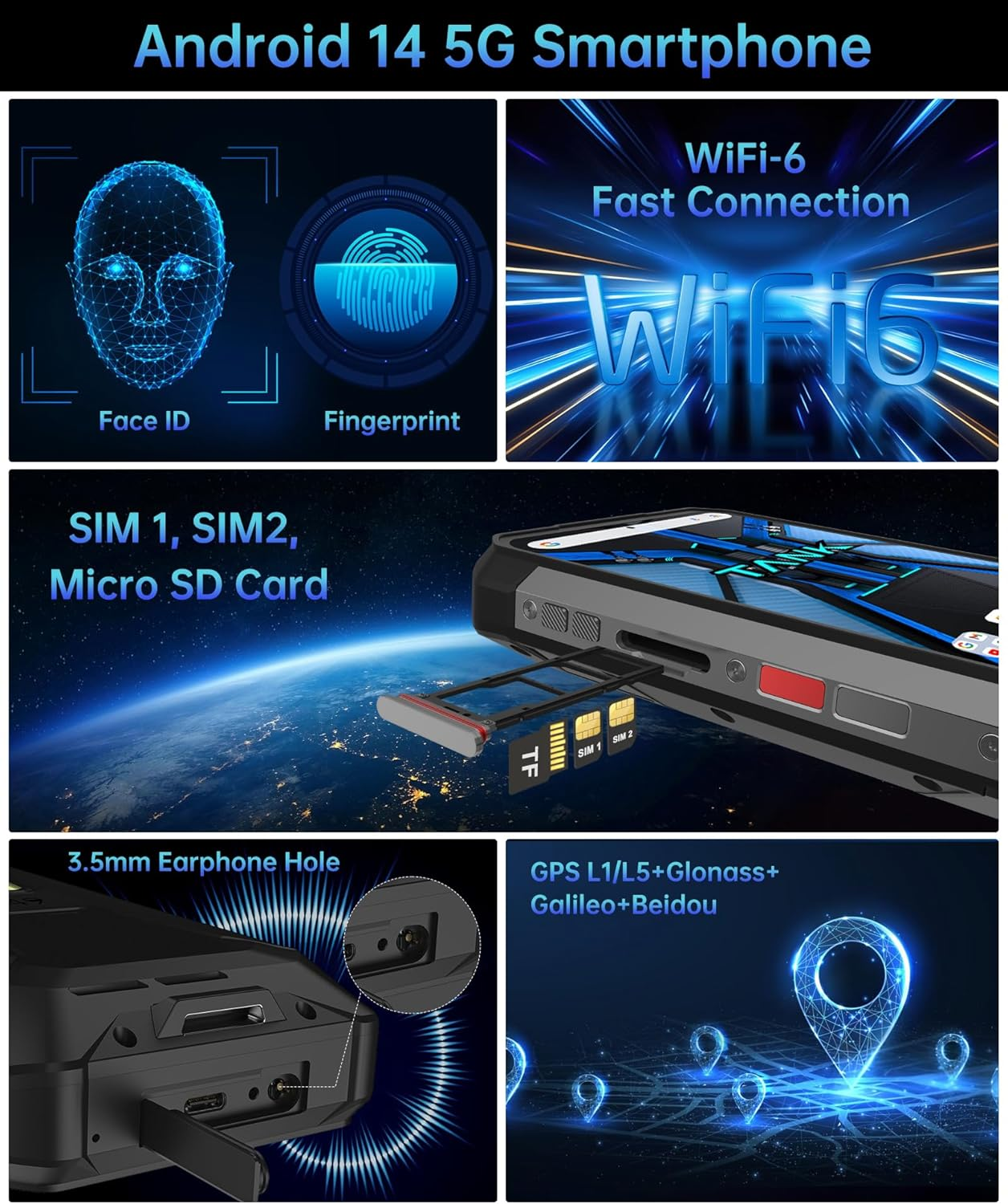 Android 14 5G Smartphone mit Face ID, Fingerabdruck, WiFi-6, Dual-SIM, Micro-SD, Kopfhöreranschluss und GPS.