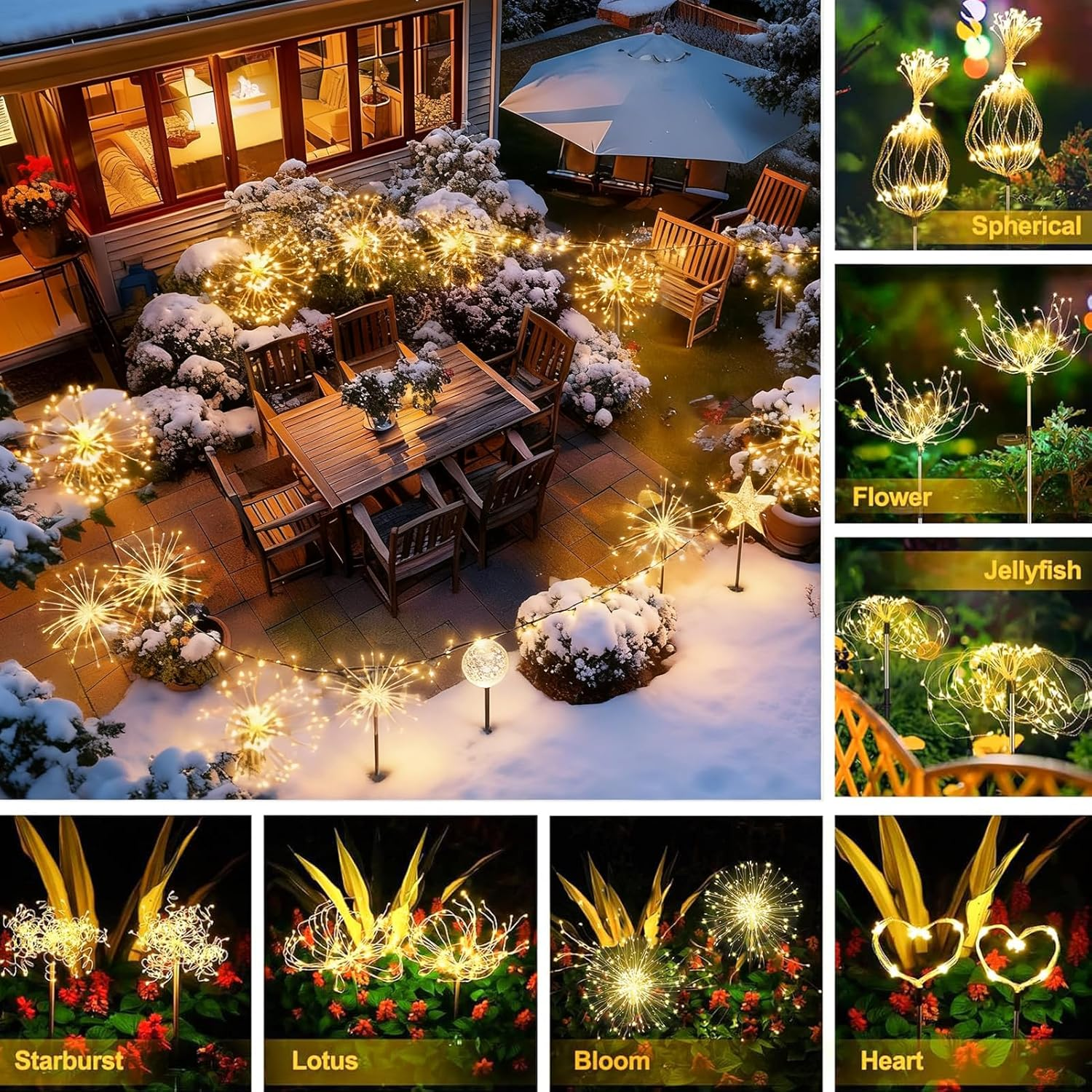 Beleuchteter Garten mit Schneedecke und verschiedenen Lichterketten.