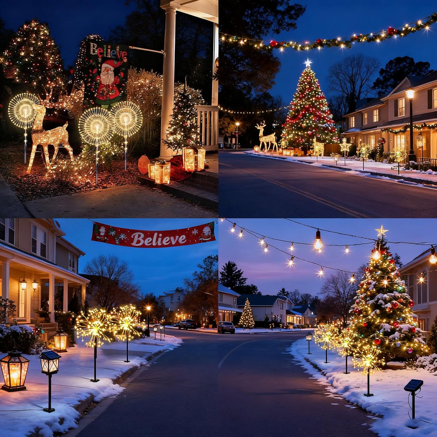 Weihnachtsdekoration: Rentier, Feuerwerk-Lichter, Weihnachtsbäume und Häuser.