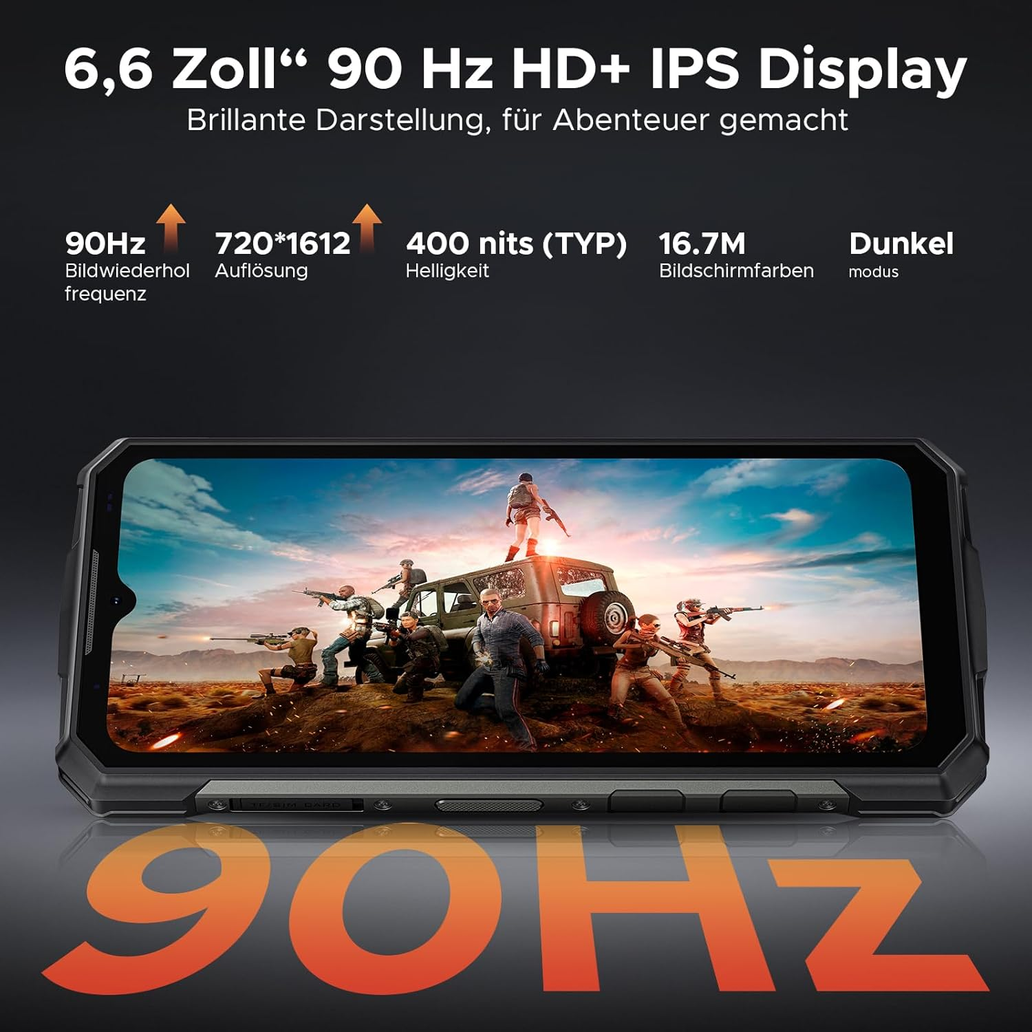 Ein Smartphone mit 90Hz HD+ IPS Display zeigt ein Action-Spiel. Großflächige "90HZ"-Anzeige.
