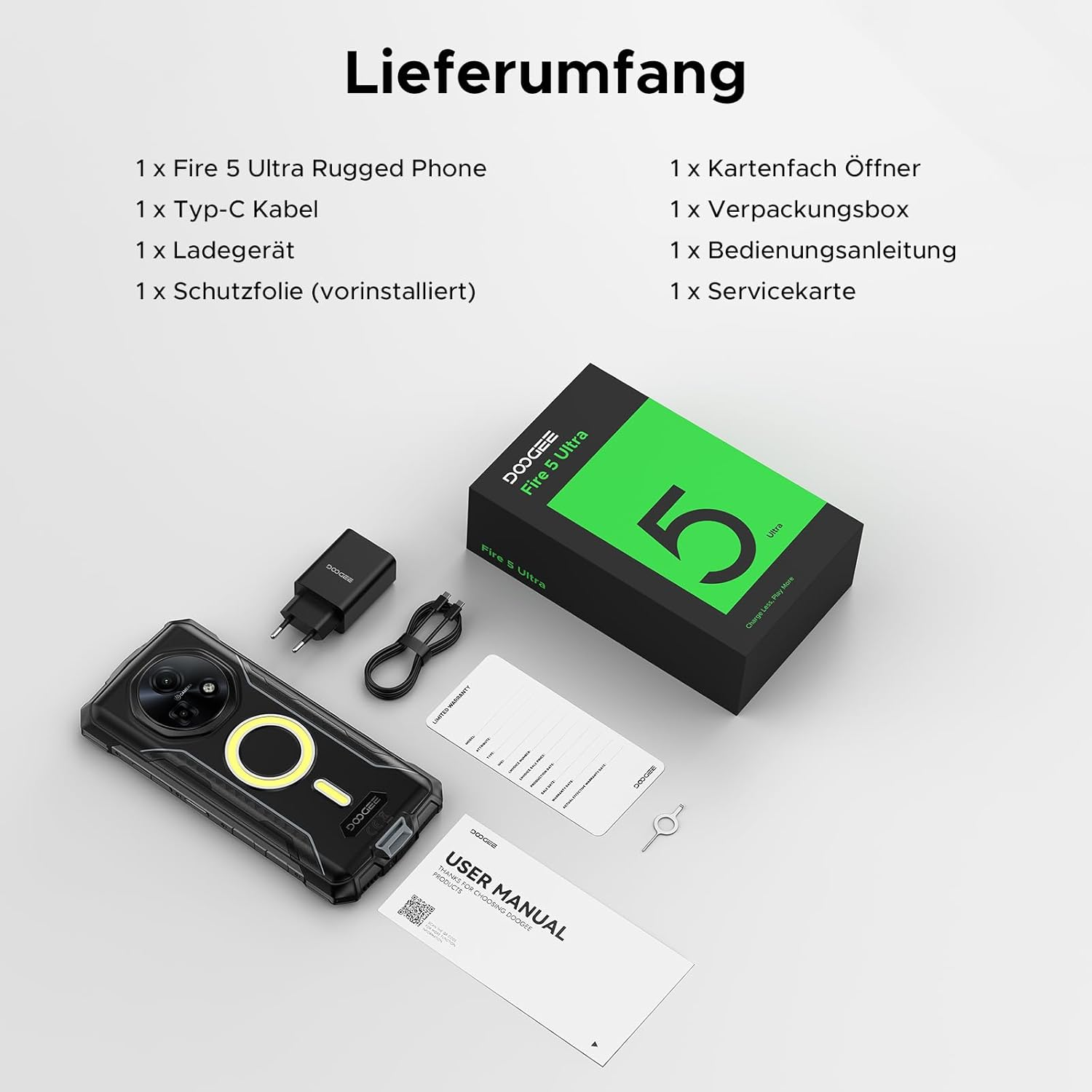 Lieferumfang: Rugged Phone, Kabel, Ladegerät, Folie, Öffner, Box, Anleitung, Servicekarte.