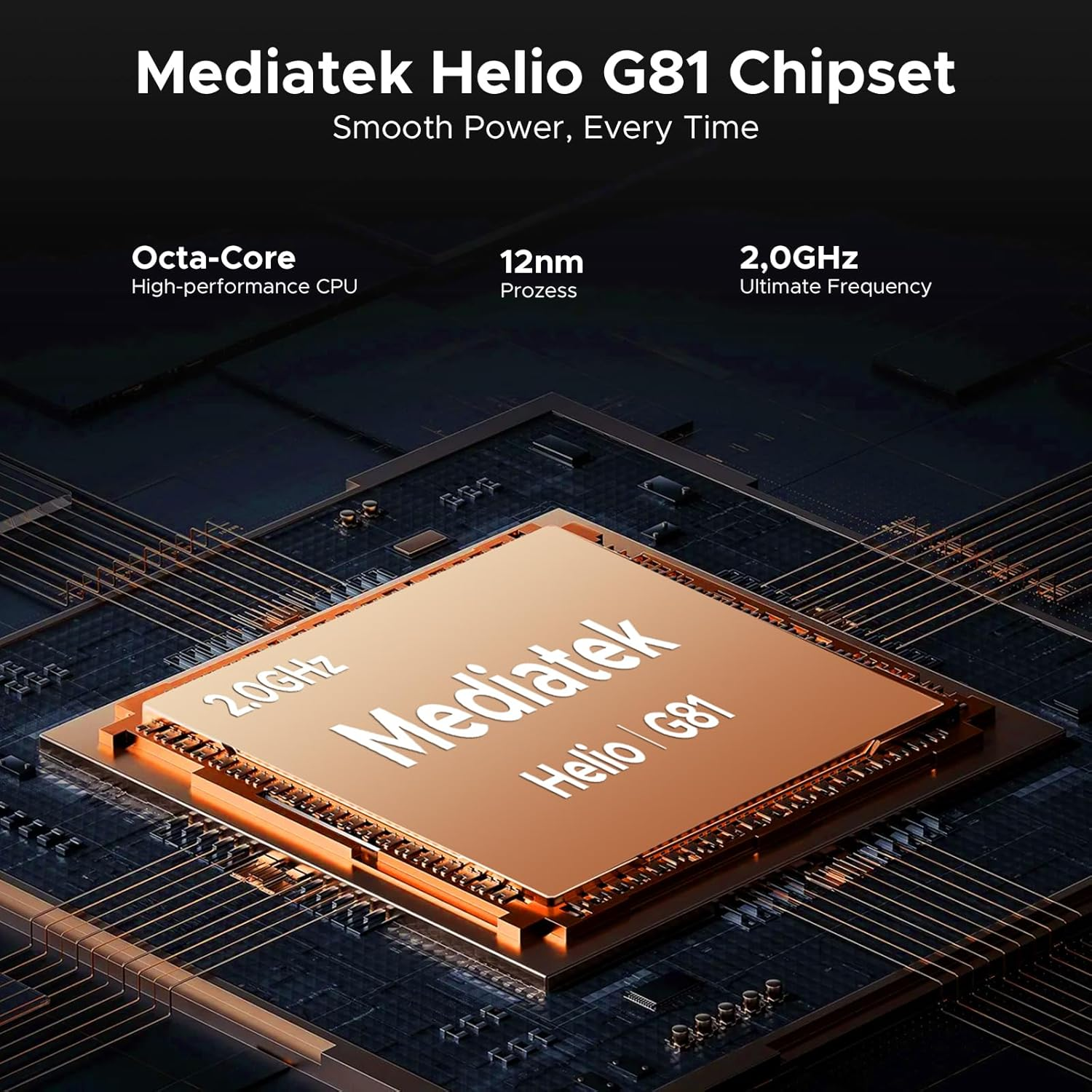 Mediatek Helio G81 Chipset mit Octa-Core, 12nm Prozess & 2.0GHz.