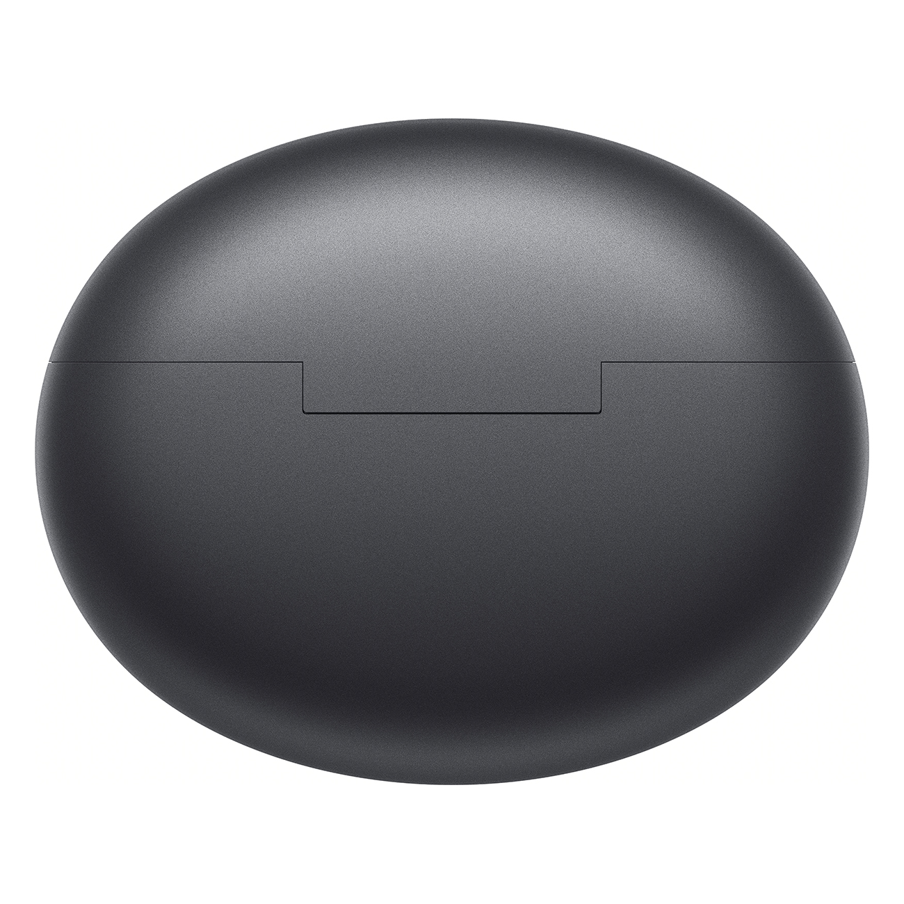 Ciemne, owalne etui ładujące do słuchawek z cienką linią podziału na górze.