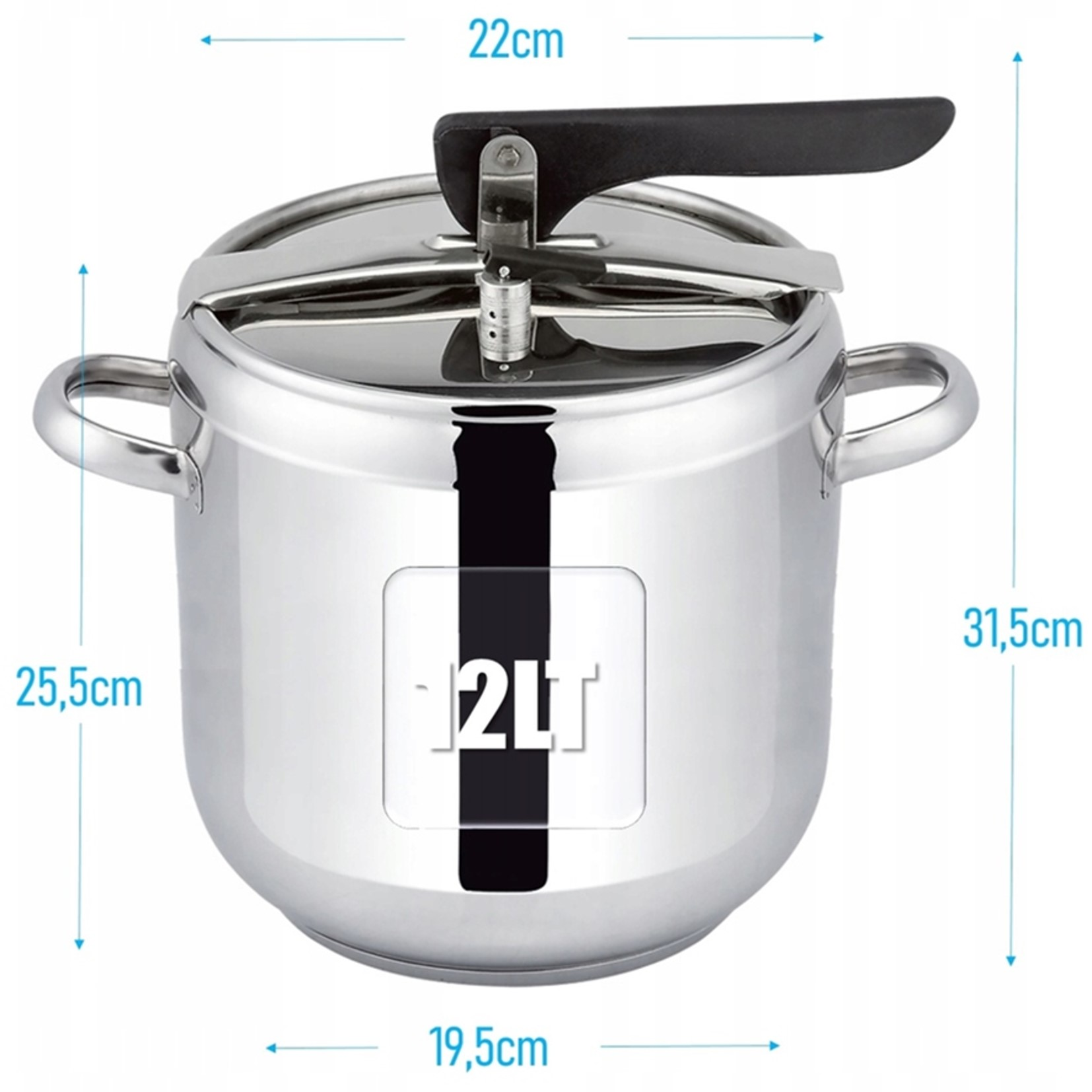 Błyszczący metalowy szybkowar z czarną rączką. Szerokość 22cm.