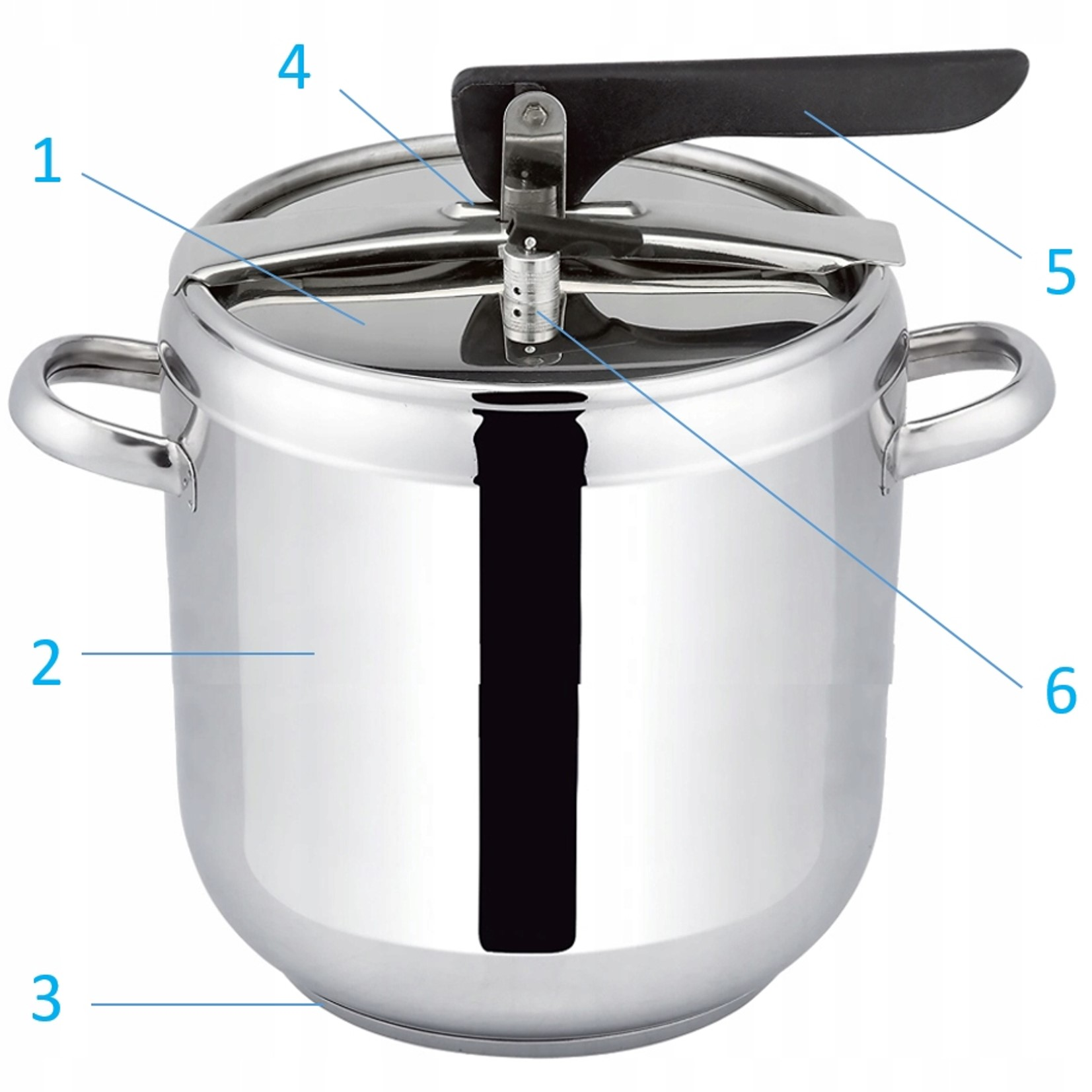 Błyszczący garnek ze stali nierdzewnej z uchwytami i zaworem bezpieczeństwa.