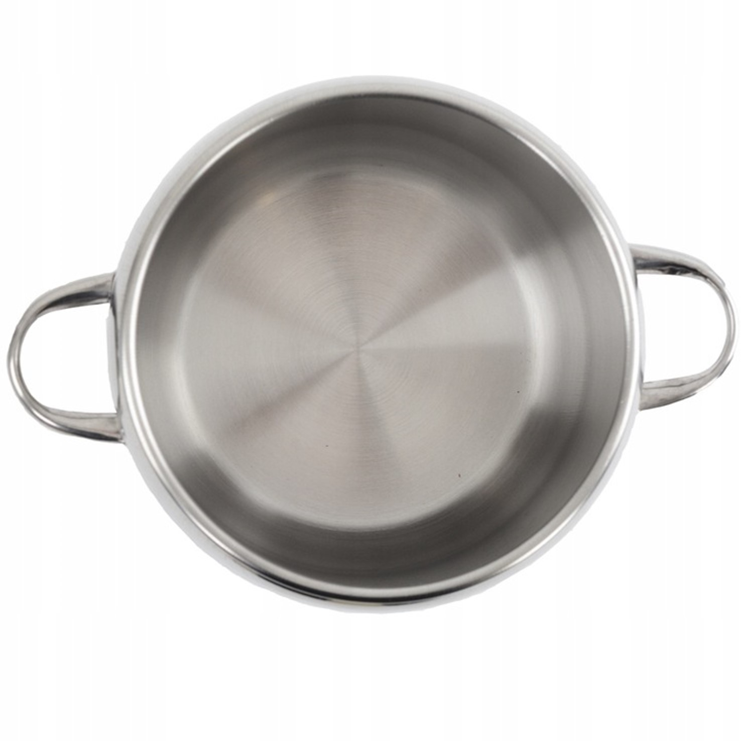 Srebrna metalowa patelnia z dwoma uchwytami, widziana z góry.