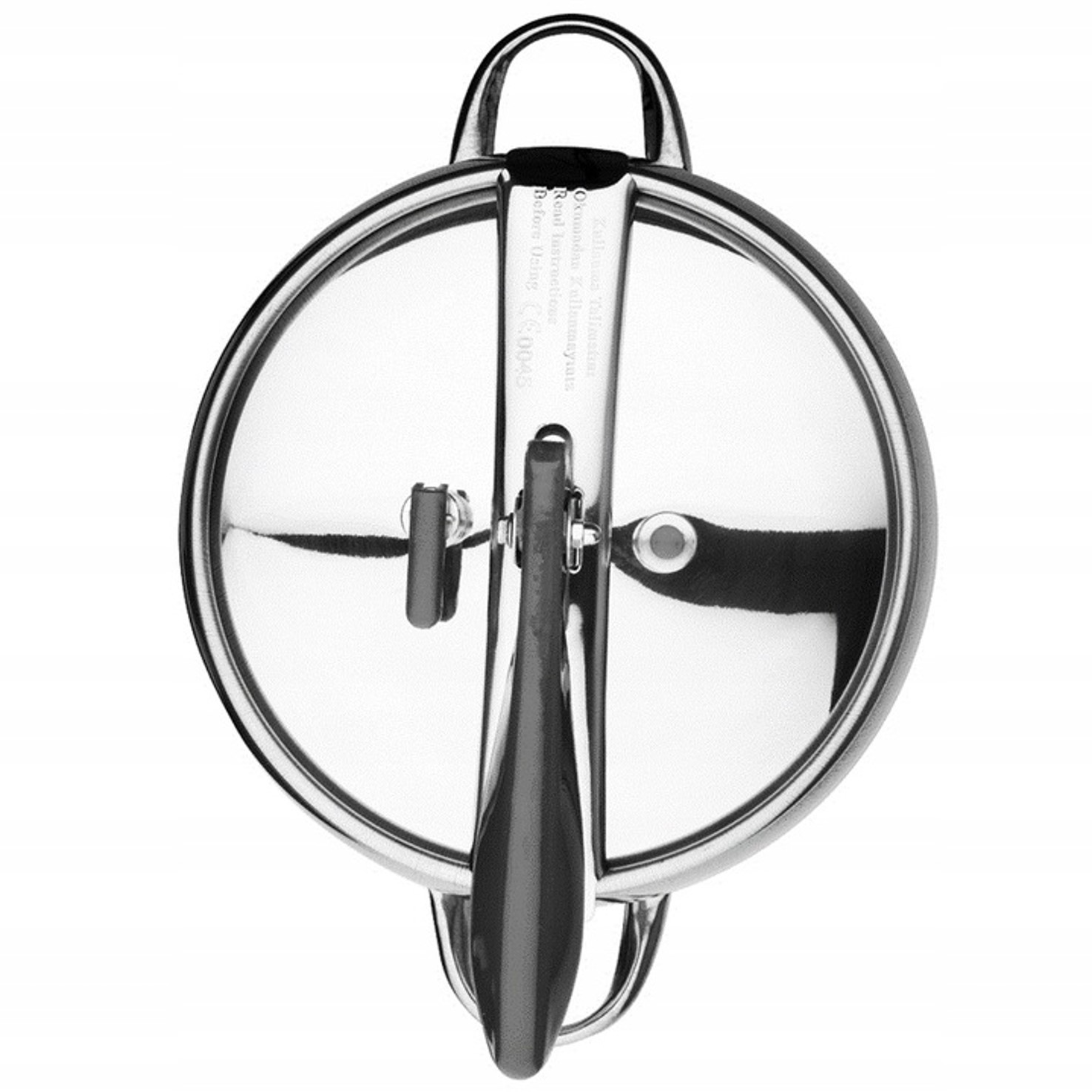 Widok z góry błyszczącej pokrywy szybkowaru z uchwytami i zaworem bezpieczeństwa.