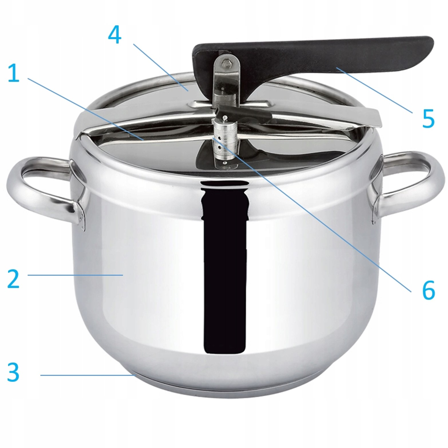 Szybkowar ze stali nierdzewnej z uchwytami, pokrywką i zaworem.