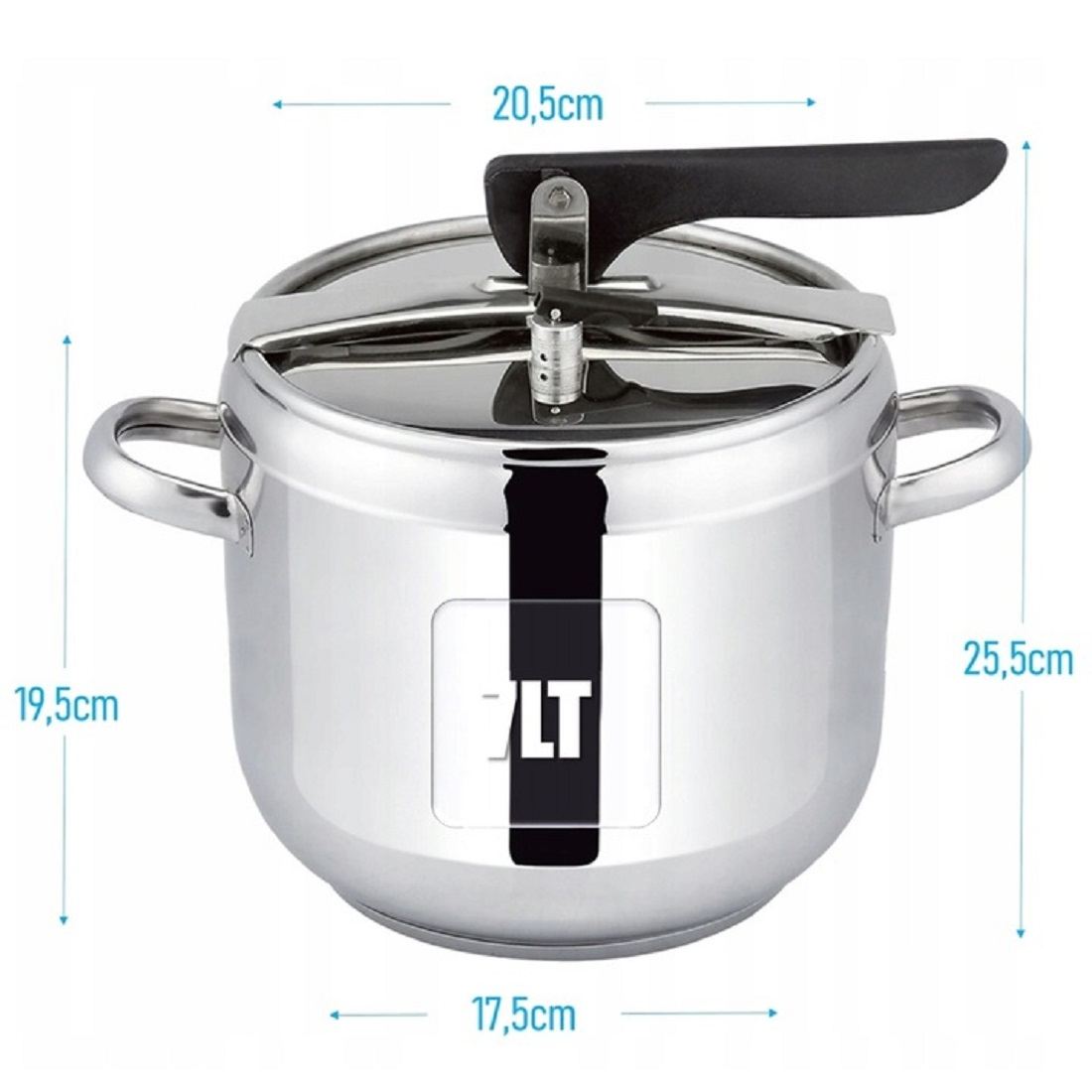 Szybkowar ze stali nierdzewnej z uchwytami i wymiarami. Pokrywa ma czarny uchwyt.