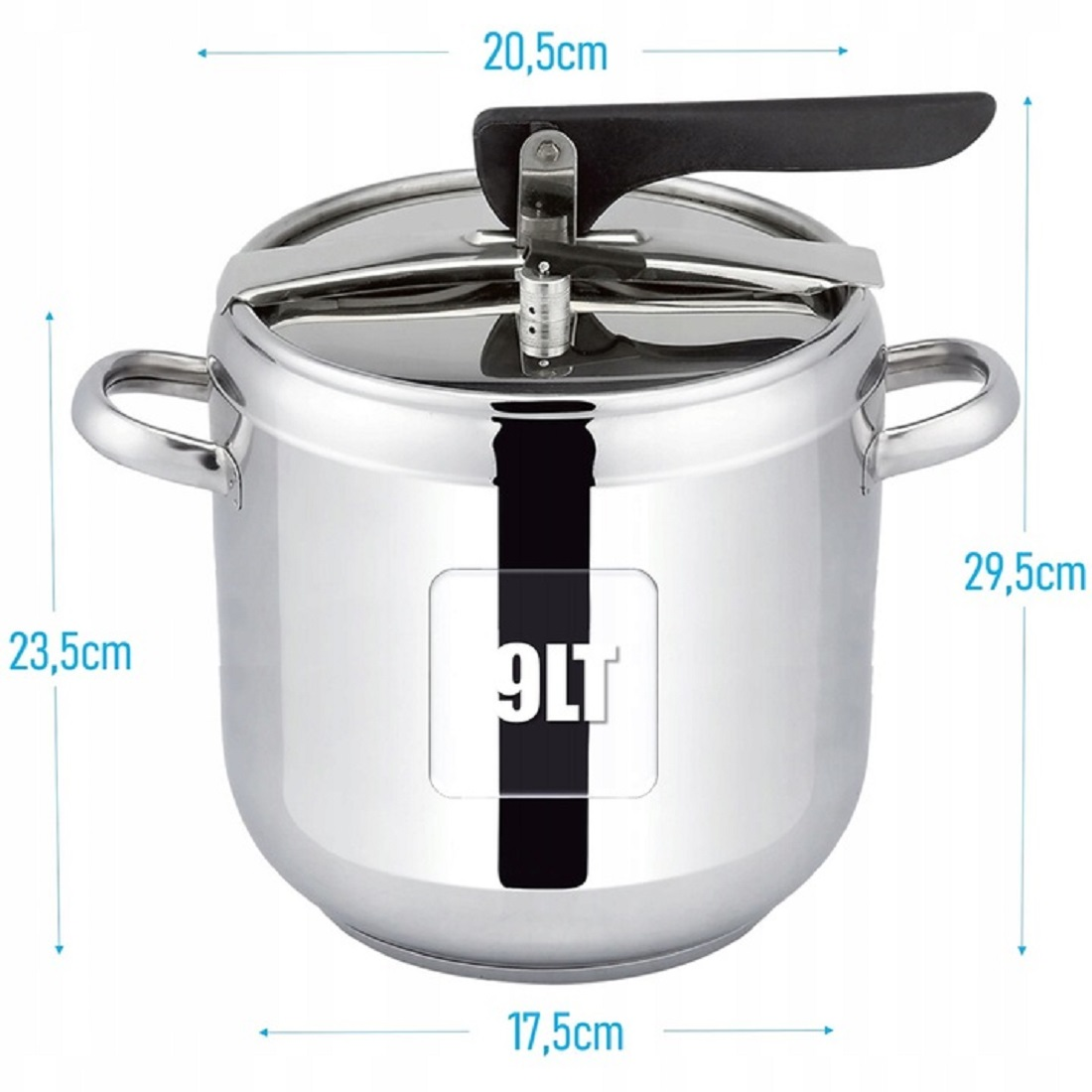 Szybkowar ze stali nierdzewnej, 9 litrów, z wymiarami i uchwytami.