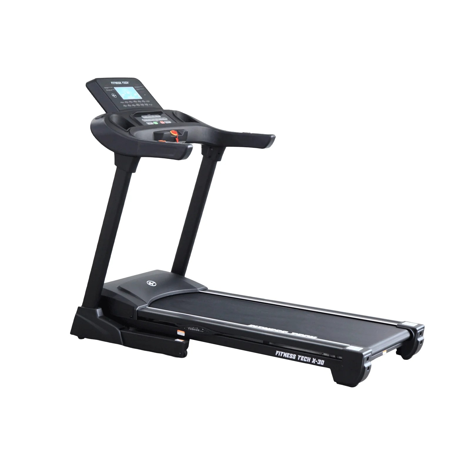 Cinta de correr negra con pantalla digital y controles, aislada.