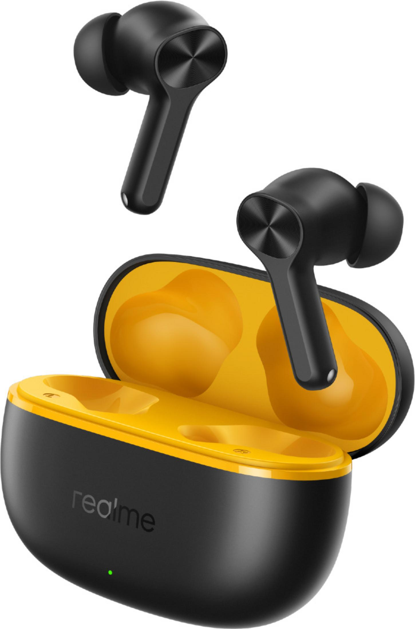 Auricolari wireless neri con custodia di ricarica gialla. Un auricolare è accanto.