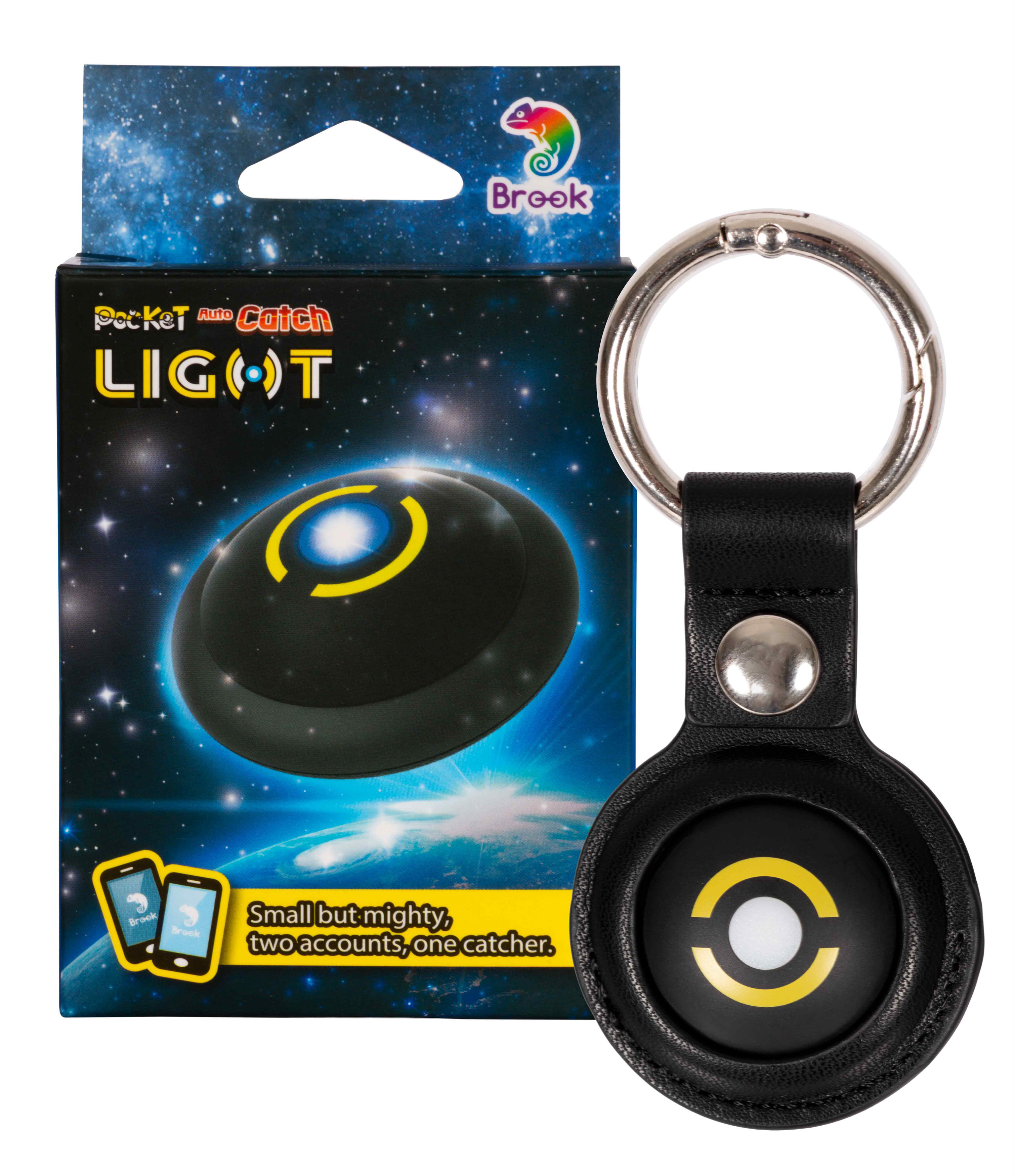 Schwarzes Gerät mit Schlüsselring, Produktverpackung im Weltraumdesign.