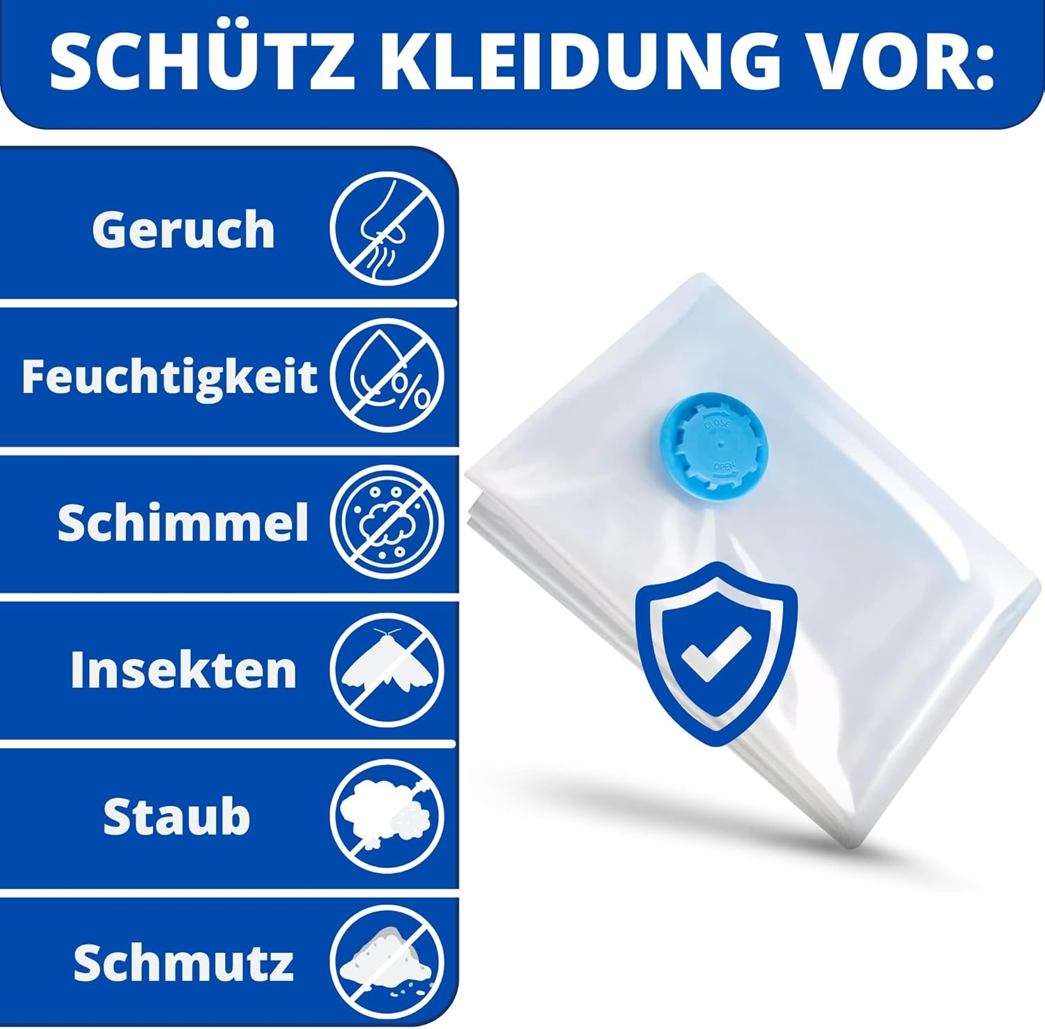 Vakuumbeutel schützt vor Geruch, Feuchtigkeit, Schimmel, Insekten, Staub, Schmutz.