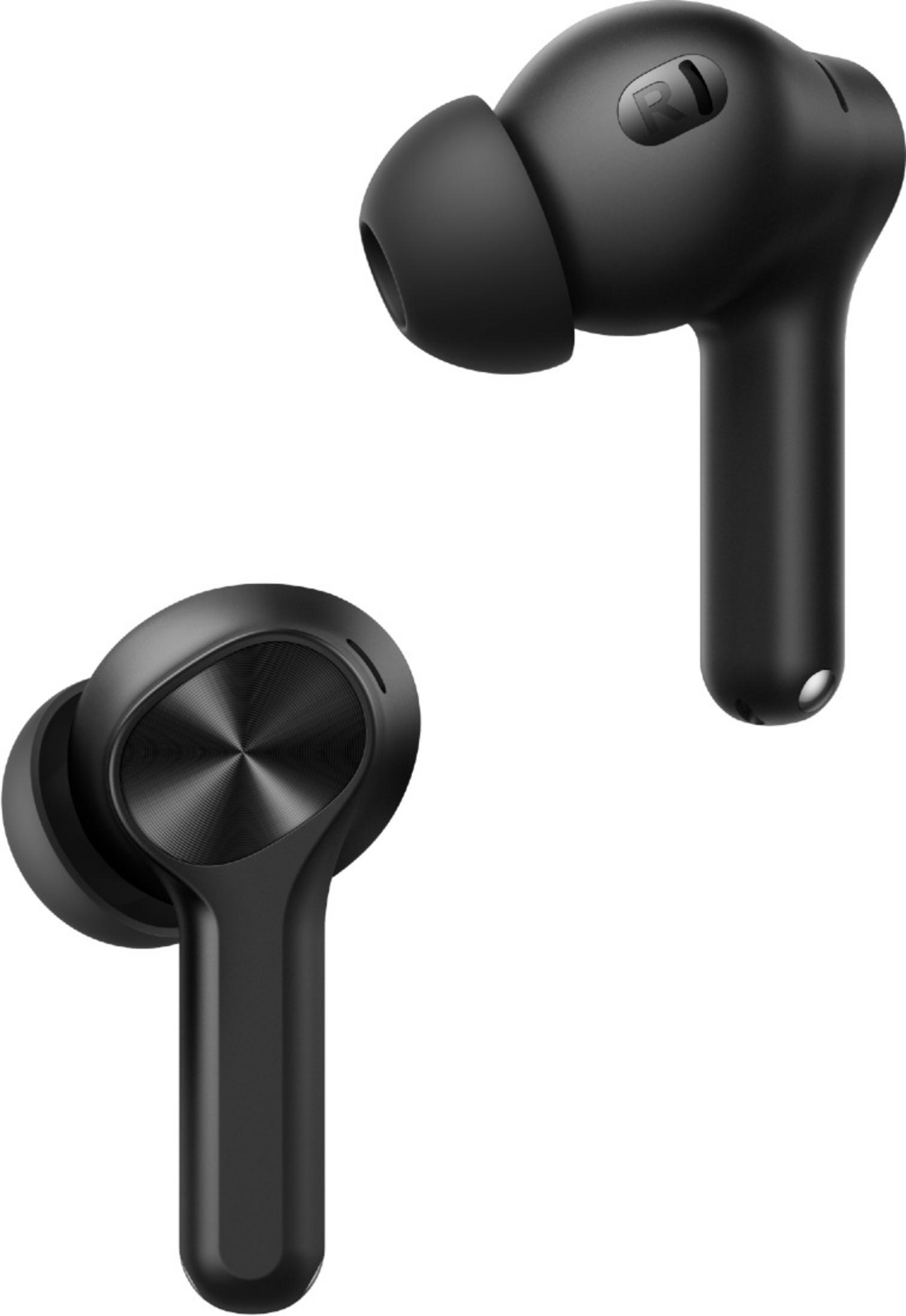 Due auricolari wireless neri su sfondo bianco.