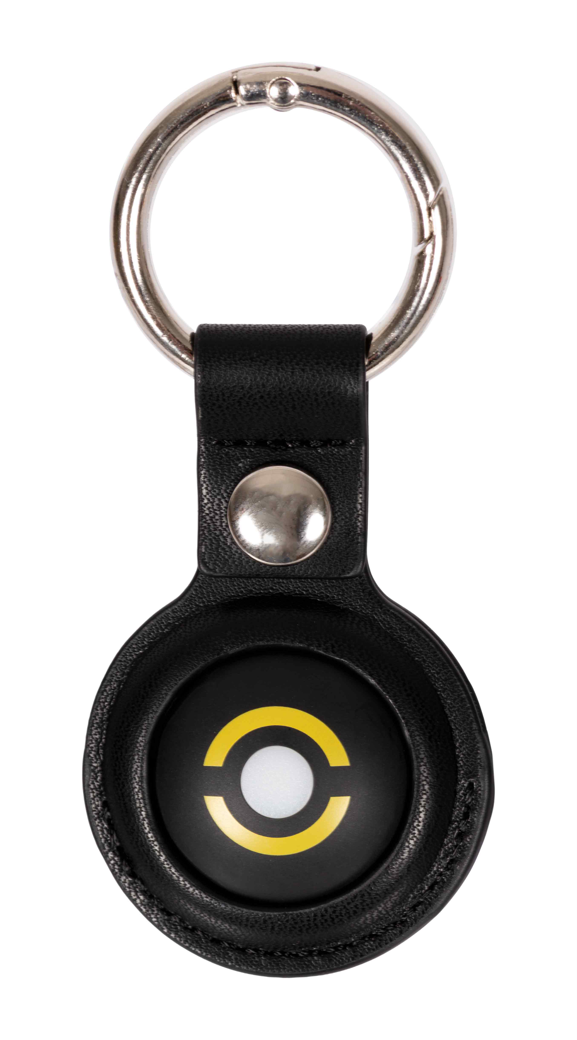 Schwarzer Schlüsselanhänger aus Leder mit silbernem Ring und gelbem Logo.