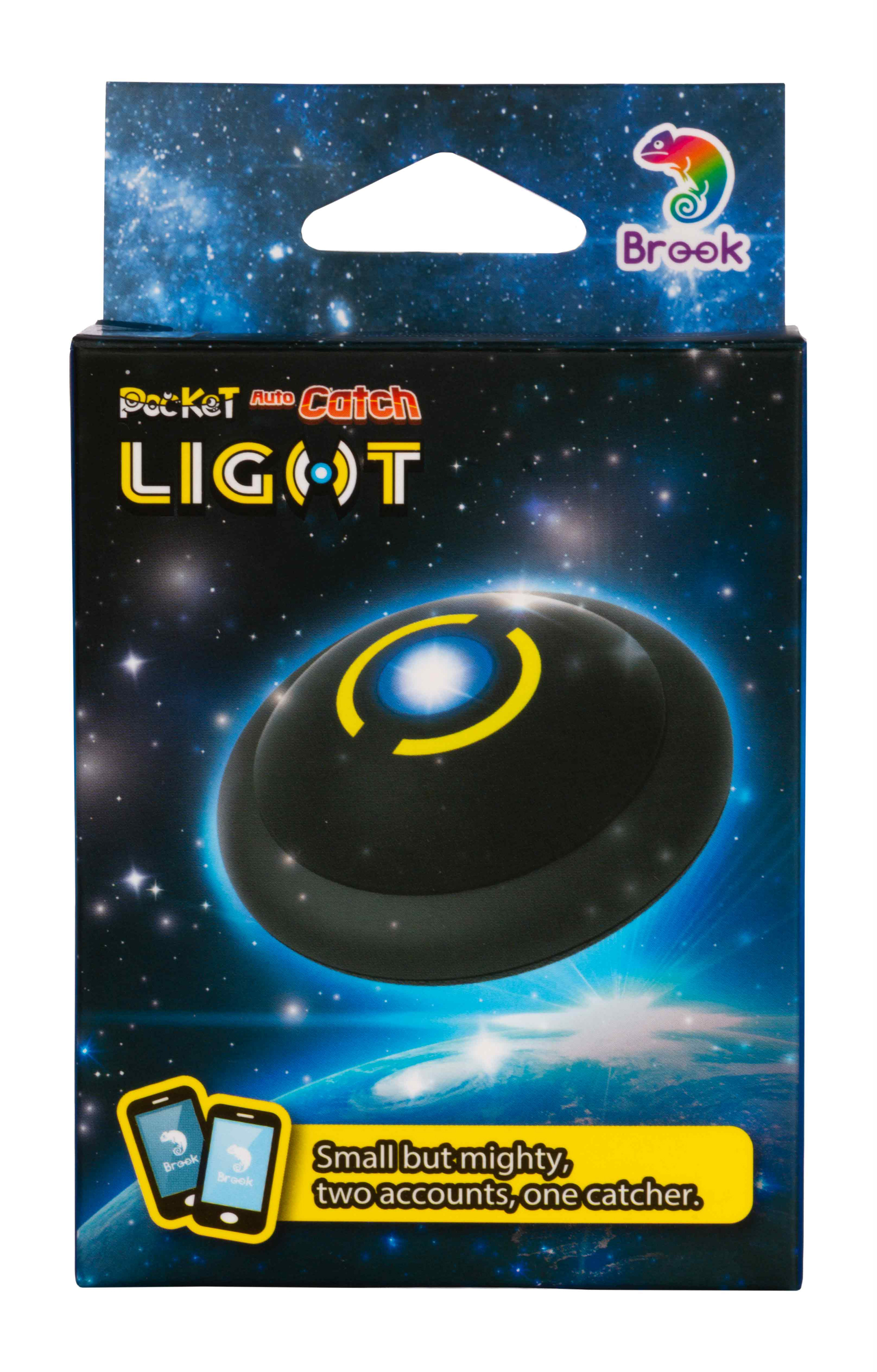 Verpackung mit schwarzem Gerät, Weltraum-Hintergrund, "Pocket Auto Catch"-Logo.