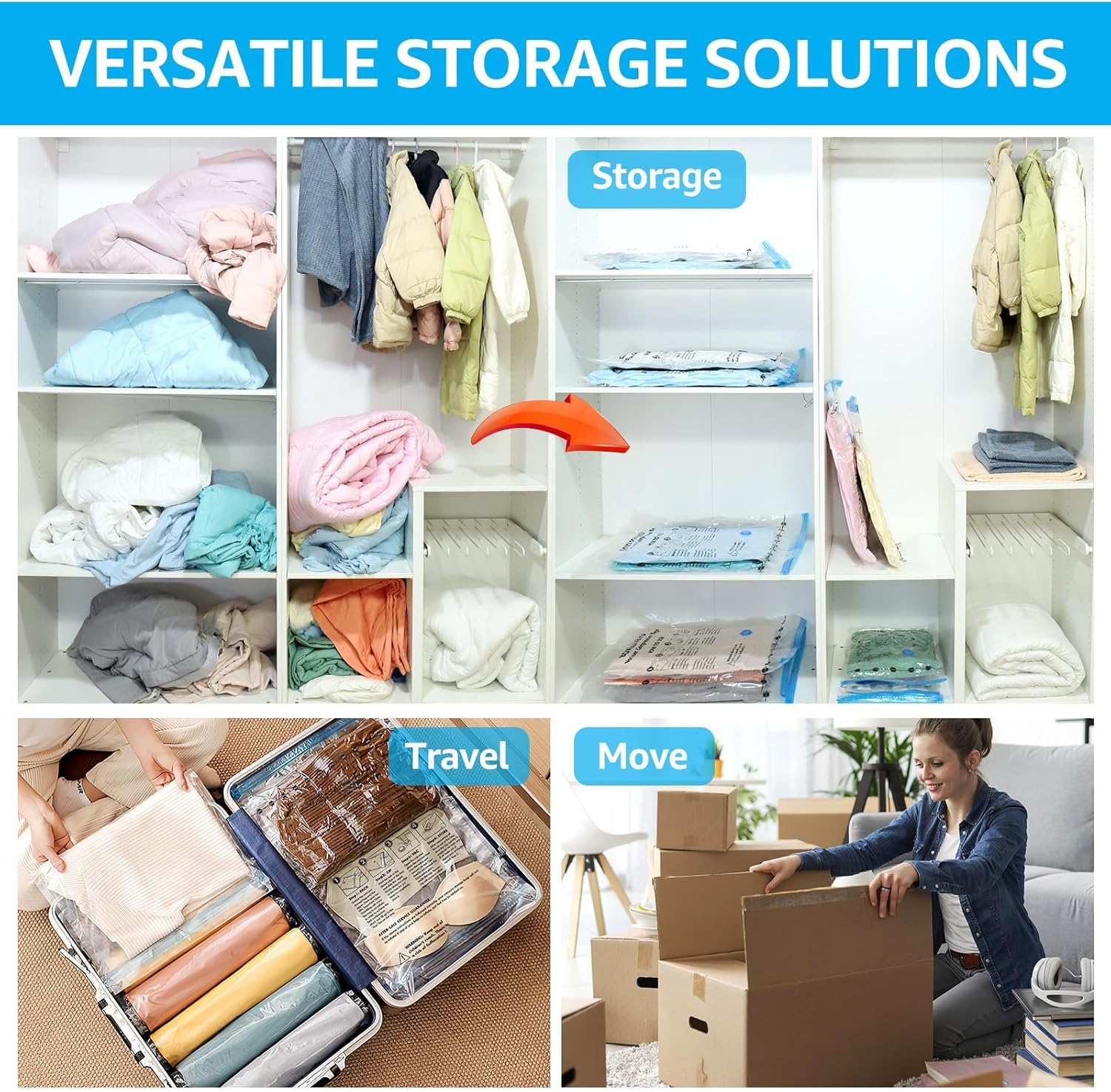 Vier Szenen: Kleidung/Decken im Schrank, Vakuumbeutel, Kofferpacken, Kartons packen.