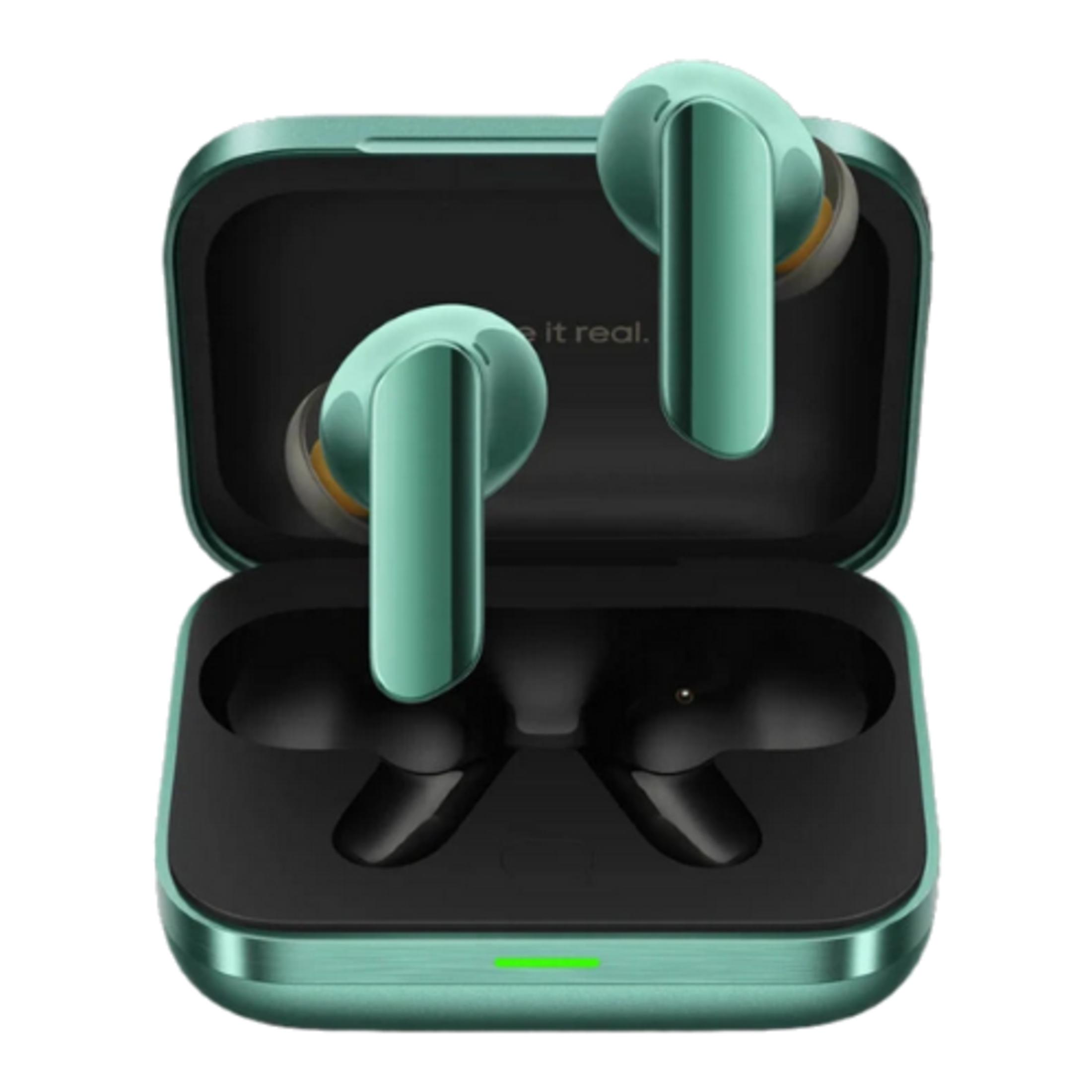 Auricolari wireless verdi in un case di ricarica aperto con indicatore.