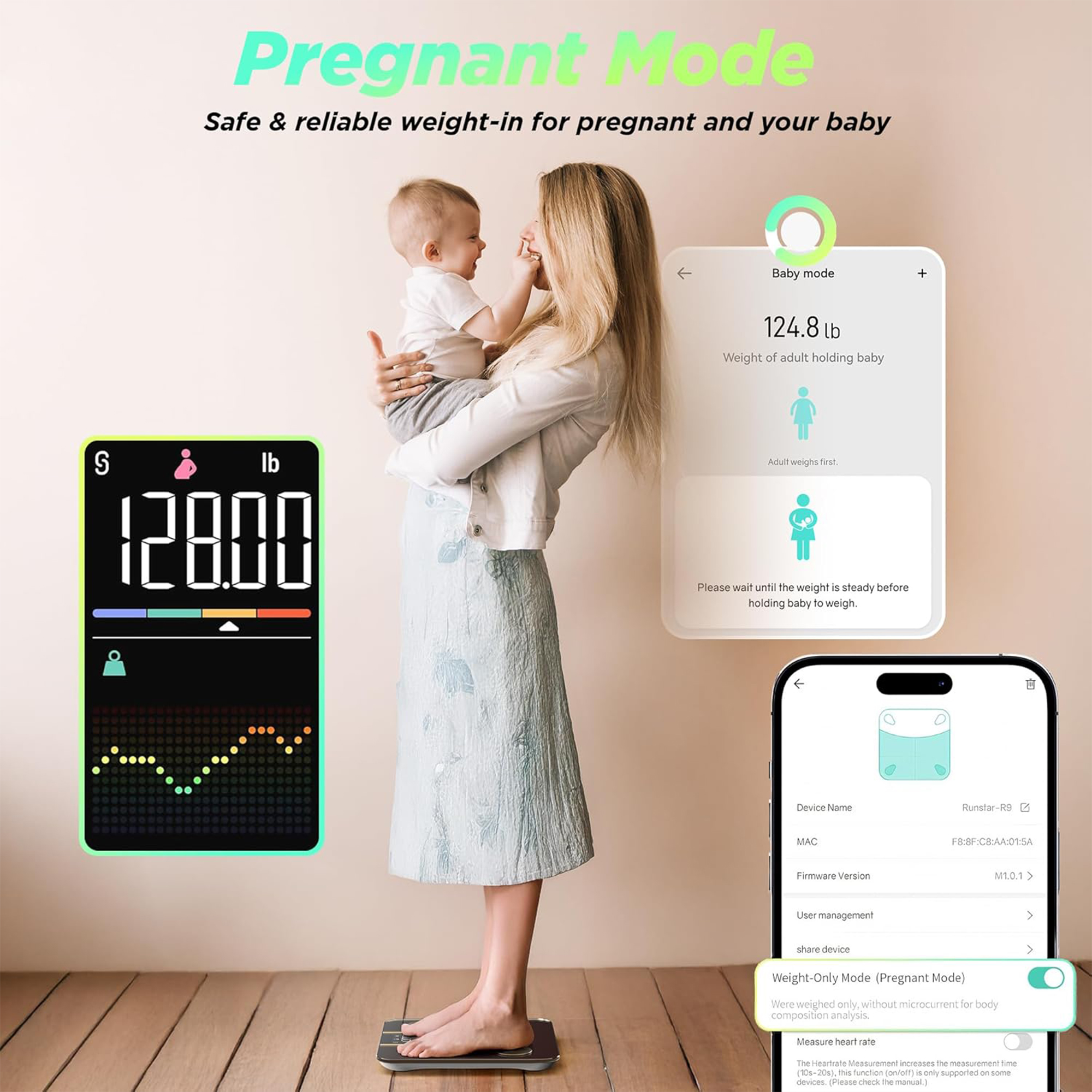 Eine Frau hält ein Baby und steht auf einer Waage. Ein Handy zeigt 'Schwangerschaftsmodus'.