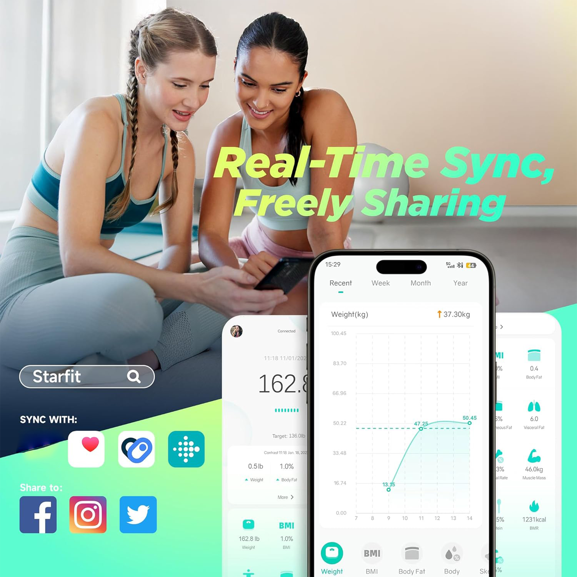 Zwei Frauen blicken auf ein Smartphone, das Fitnessdaten anzeigt.