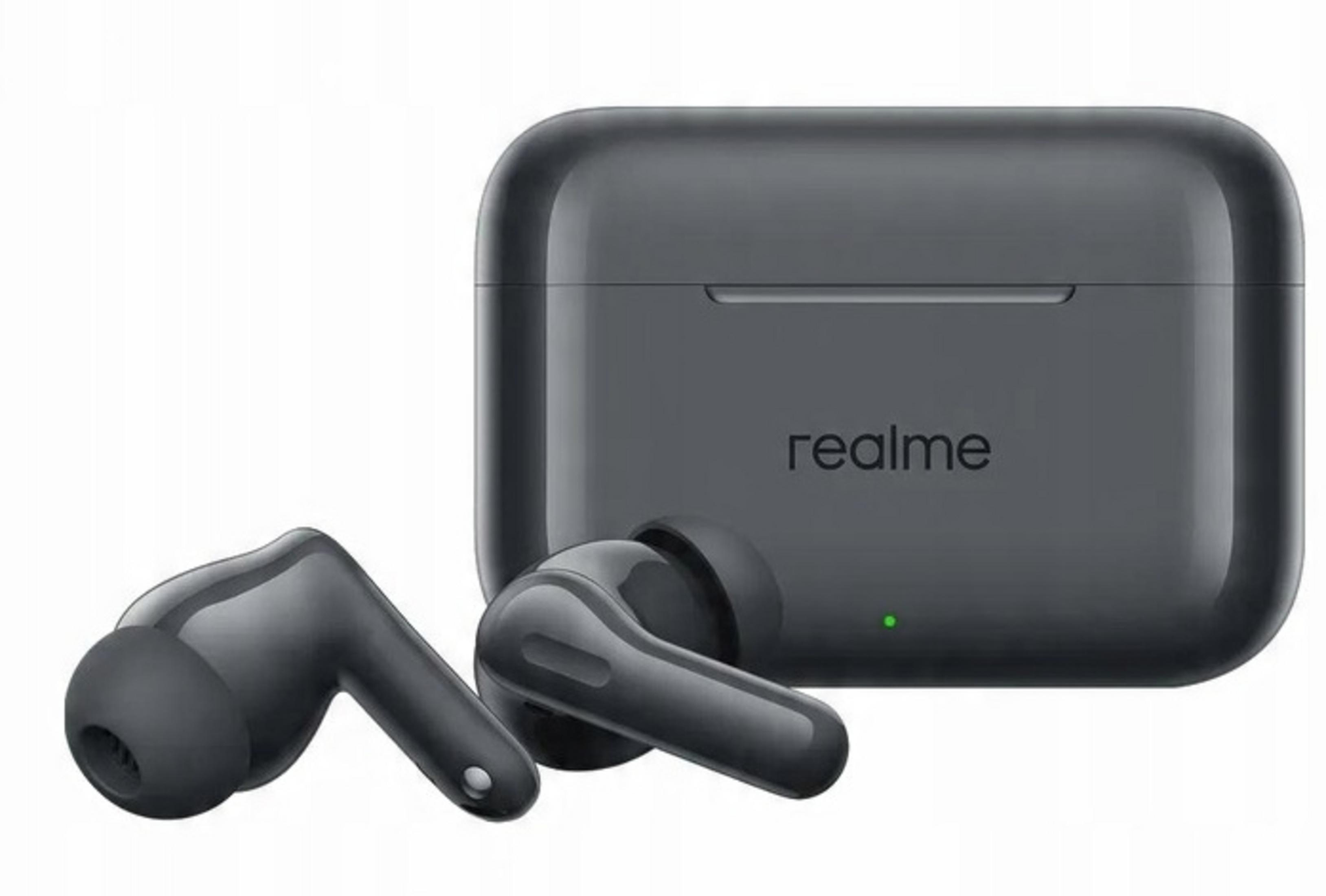 Ciemnoszare słuchawki bezprzewodowe z etui ładującym i zielonym światłem.