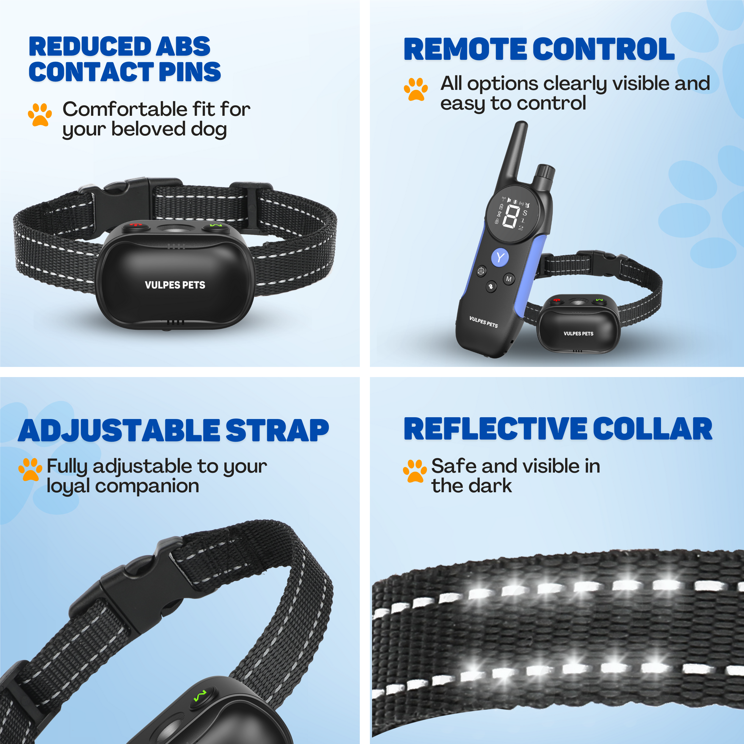Dog collar with remote control, adjustable and reflective features.