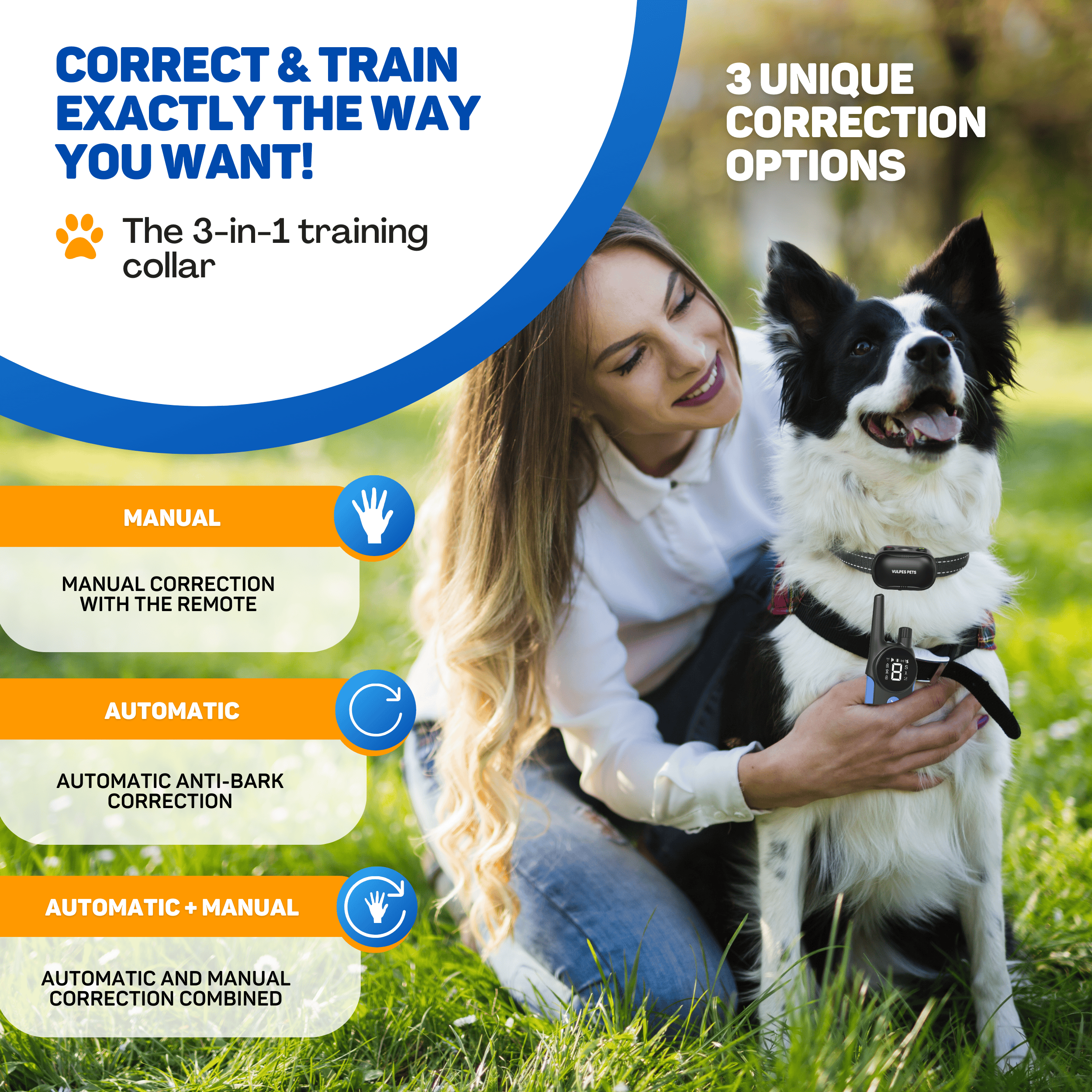 Woman with dog and remote showing dog training options.