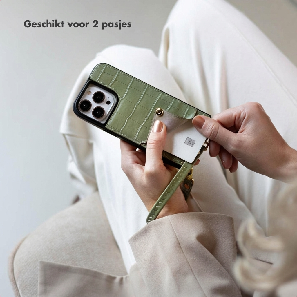 Green phone case with card slot, a card is being inserted.