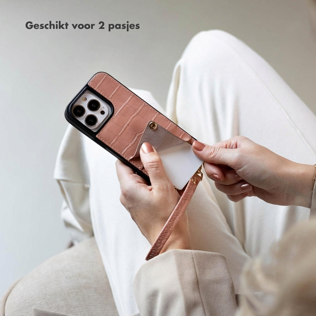 Person inserts card into pink croc phone case with wrist strap.