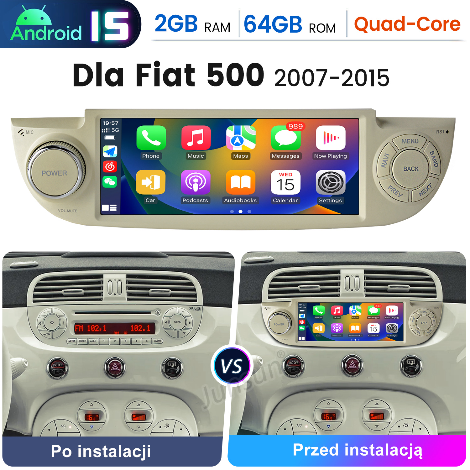 System multimedialny Android 15 do Fiata 500 (2007-2015) przed/po.