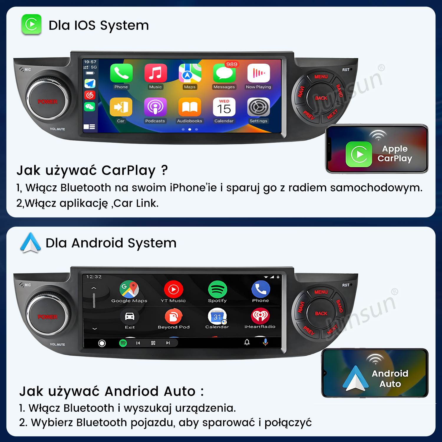 Dwa systemy infotainmentu samochodowego: iOS z CarPlay i Android z Android Auto.