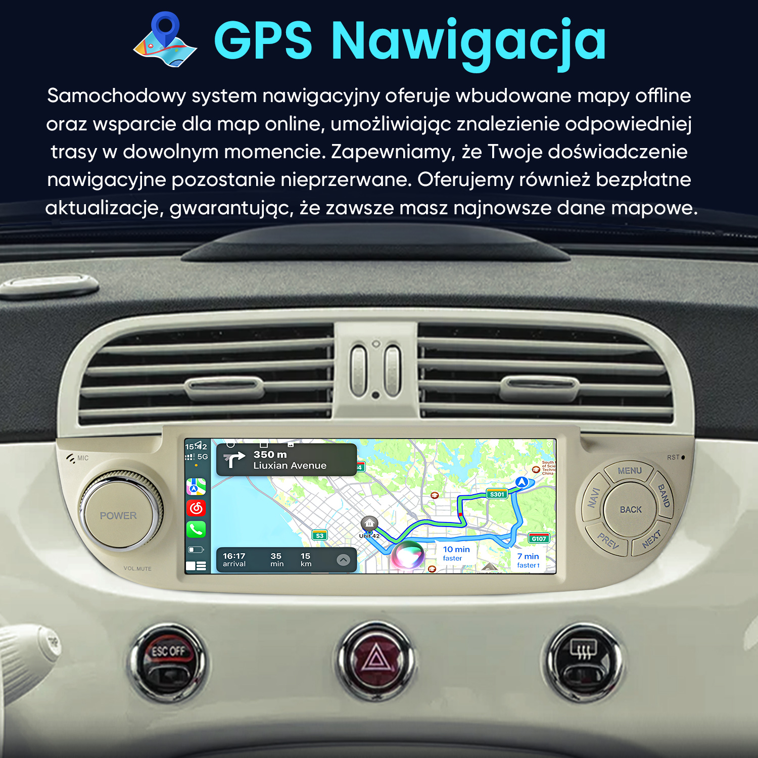 Nowoczesny samochodowy system nawigacji pokazuje mapę z trasą.