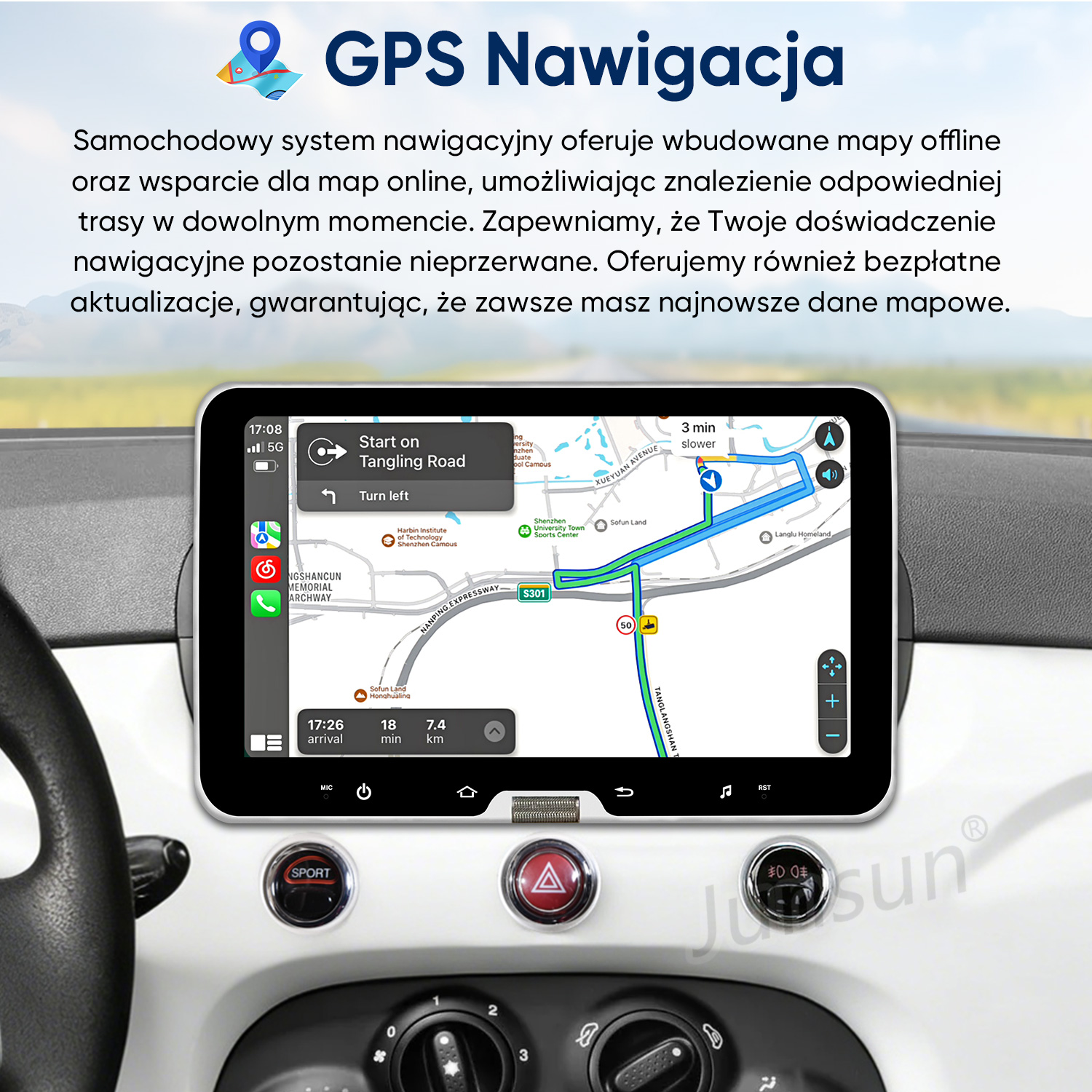 System nawigacji GPS w samochodzie z mapą na ekranie.