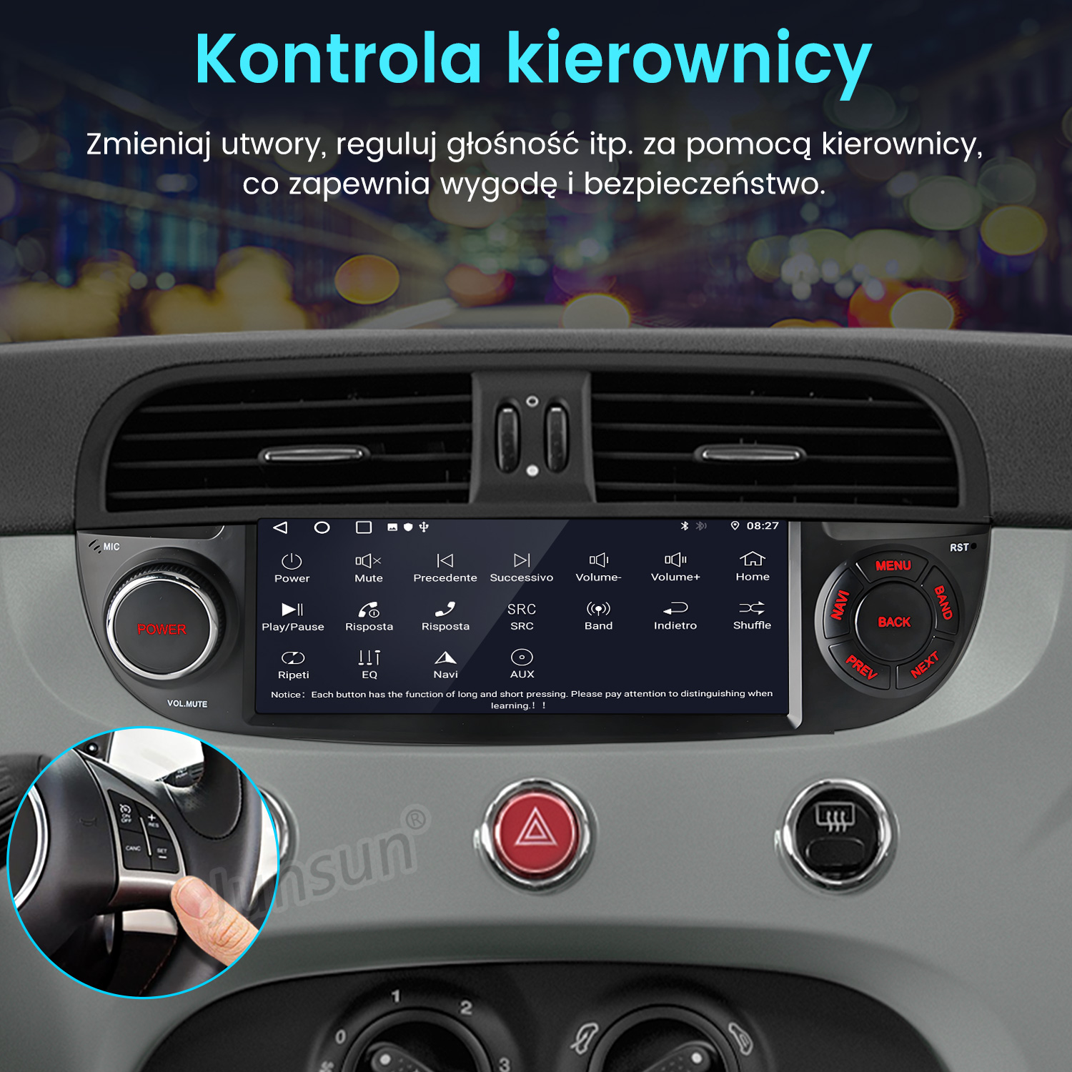 Deska rozdzielcza samochodu z dotykowym systemem multimedialnym i przyciskami.