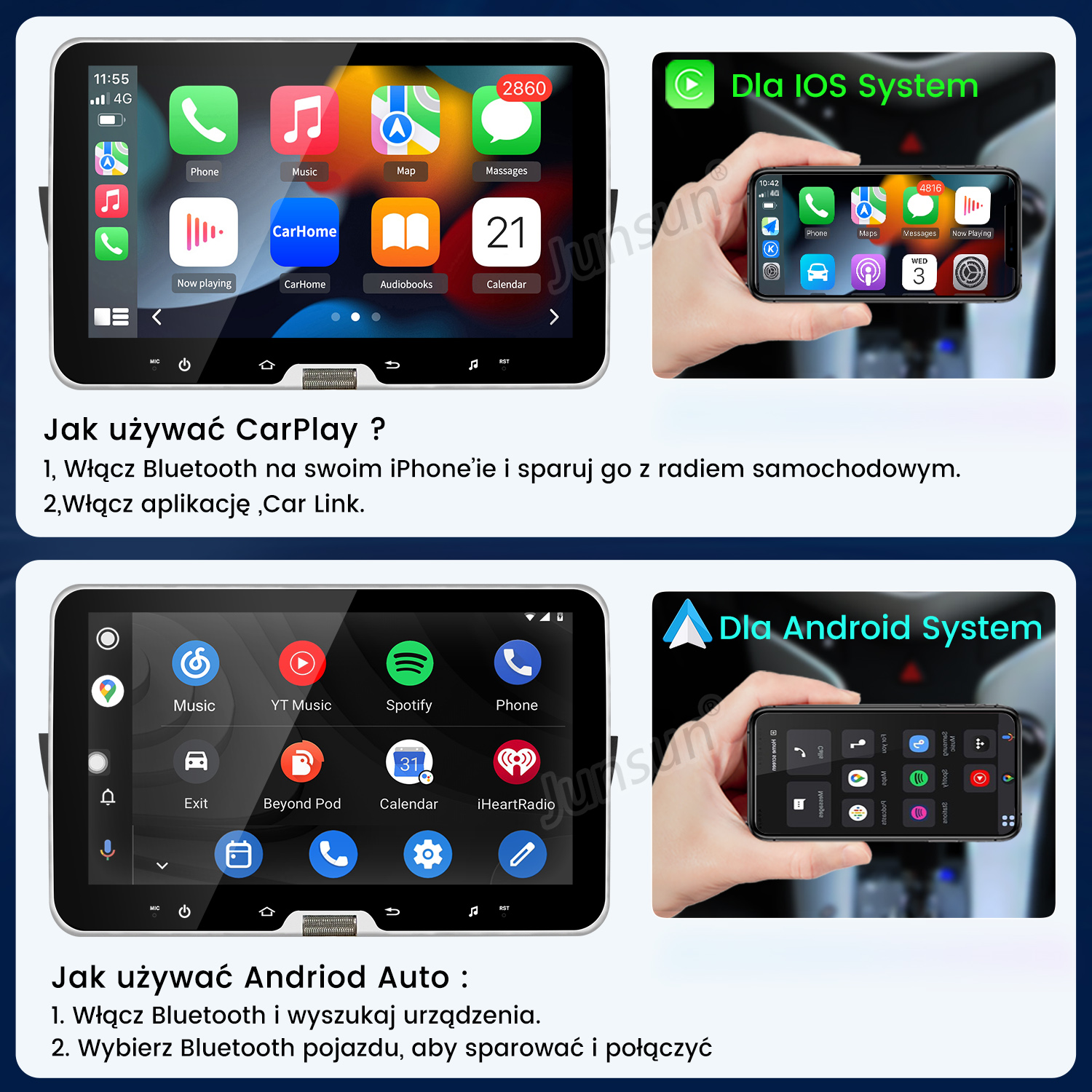 Interfejs CarPlay na ekranie samochodu i iPhone w dłoni wyświetlający CarPlay.