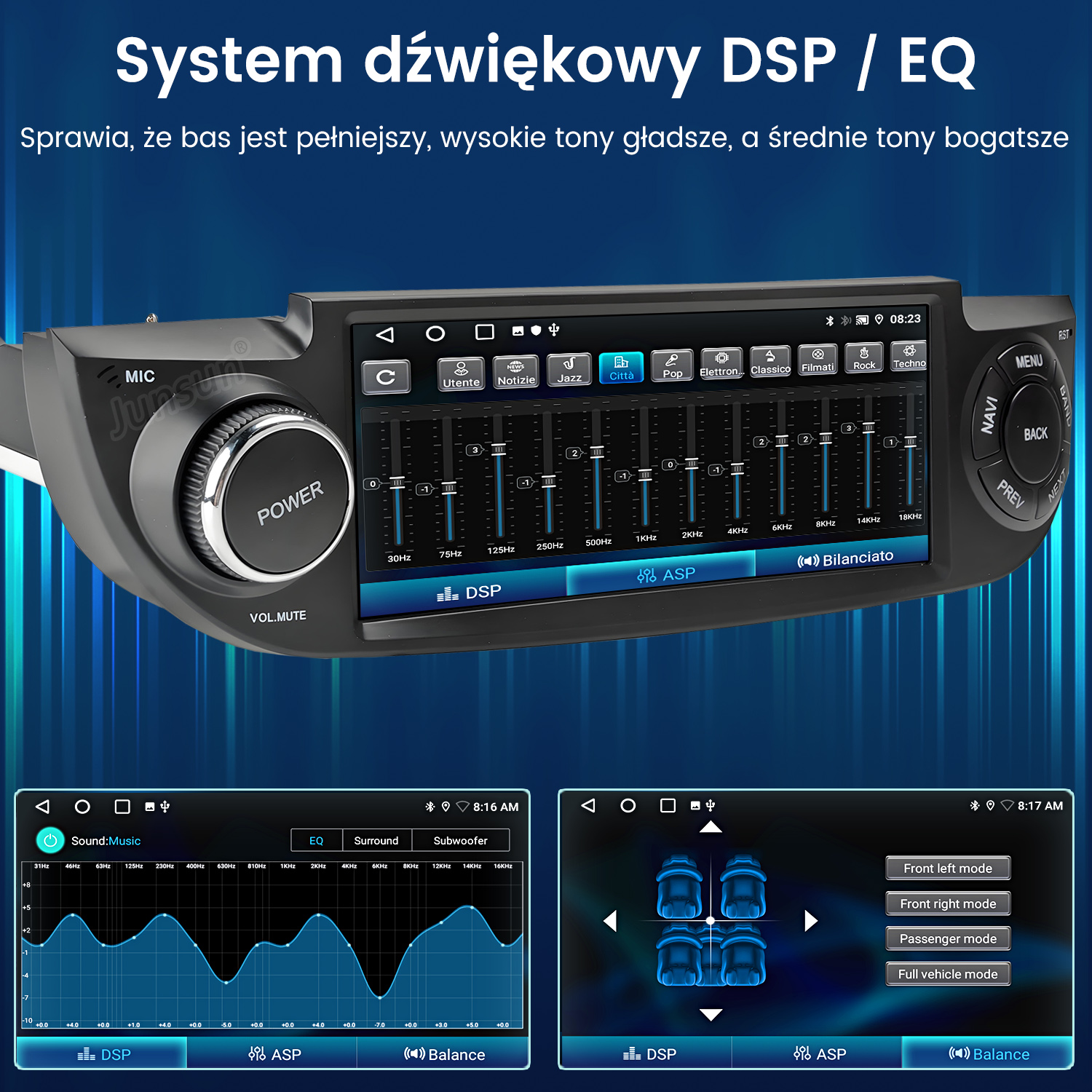 Wyświetlacz radia samochodowego z ustawieniami equalizera i trybami dźwięku.