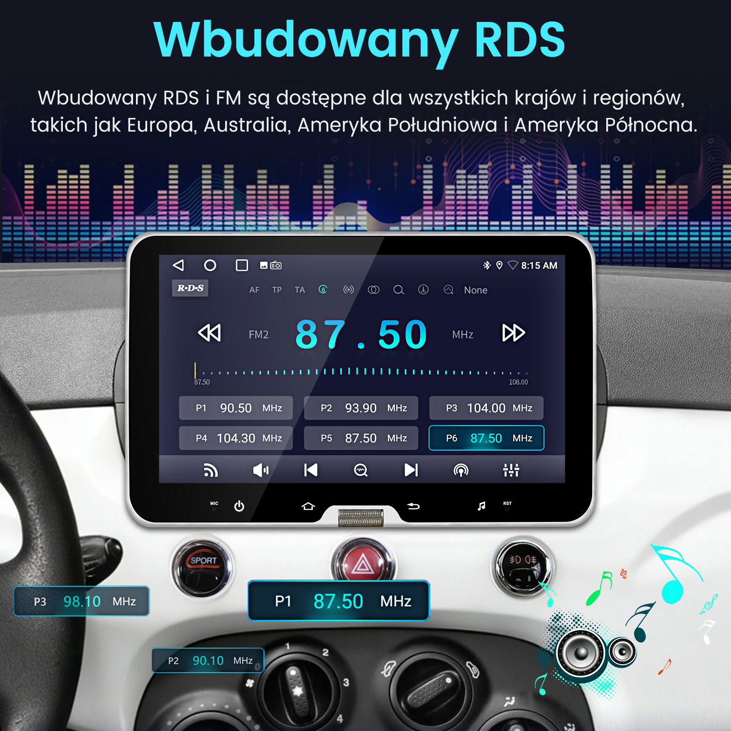 Wyświetlacz radia samochodowego pokazuje 87.50 MHz. Widoczne przyciski z częstotliwościami.