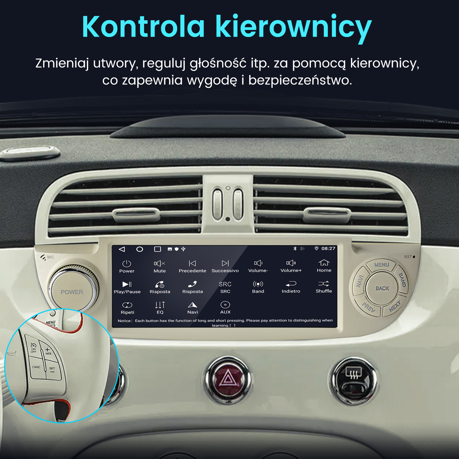 Wnętrze samochodu z systemem multimedialnym i przyciskami na kierownicy.