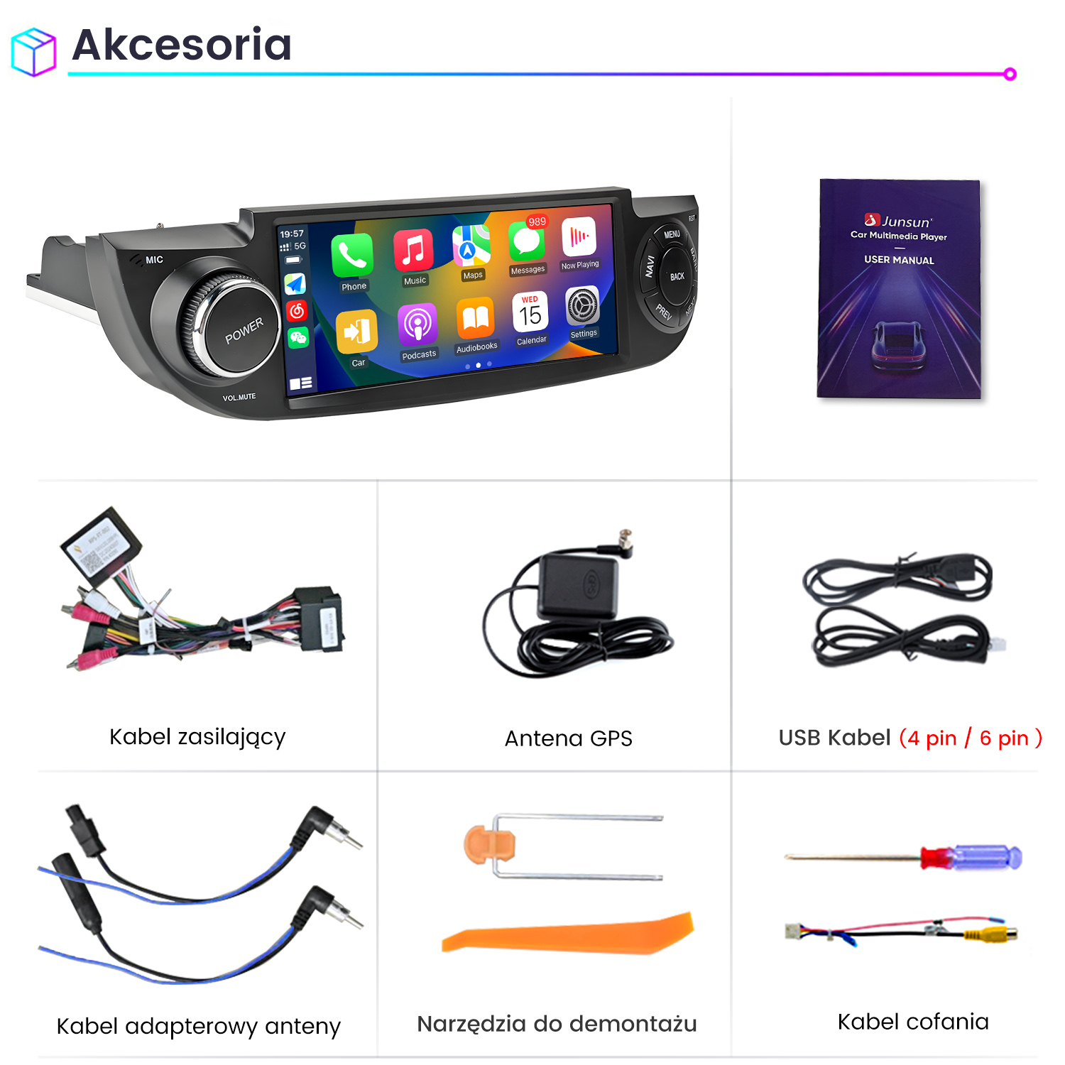 Akcesoria multimedialne do samochodu: radio, instrukcja, kabel zasilający, antena GPS, kabel USB.