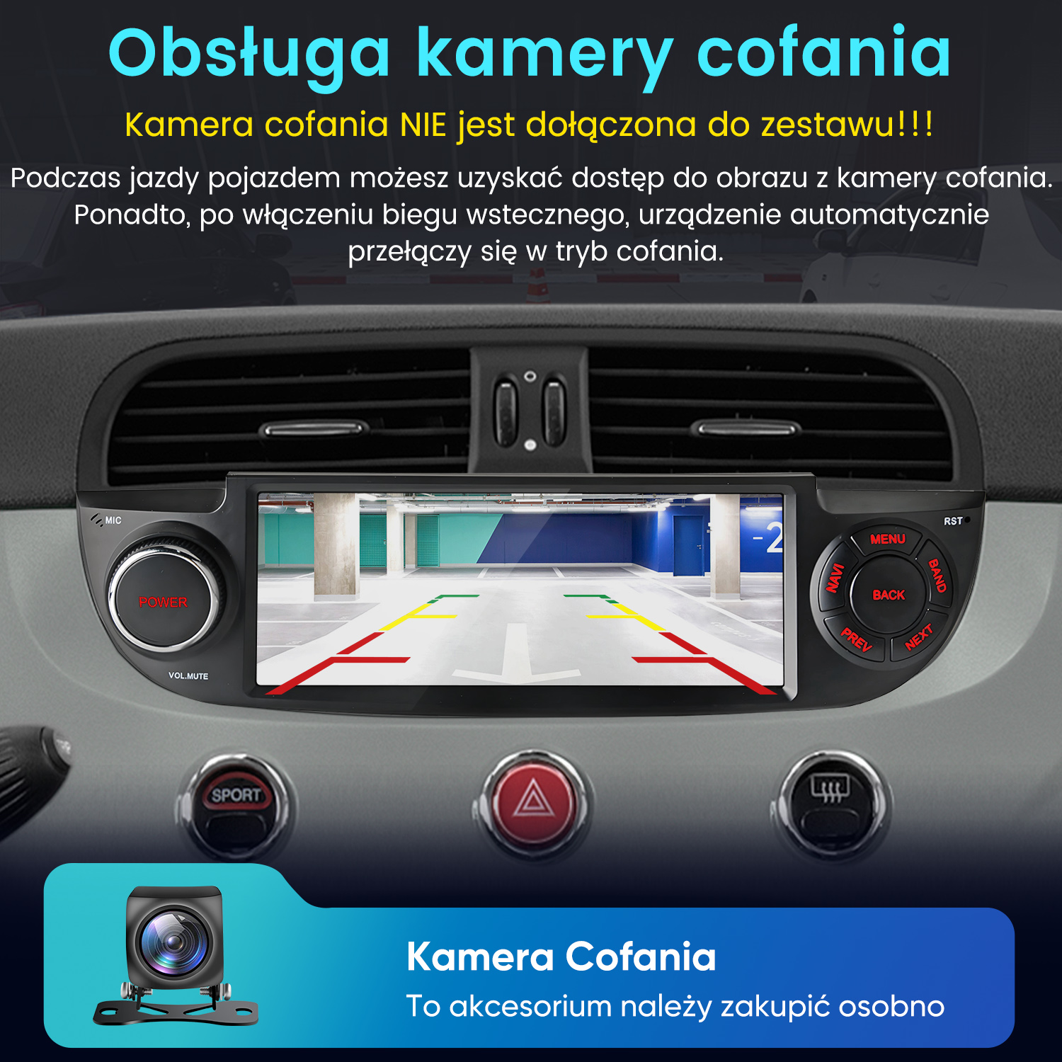 Radio samochodowe pokazuje widok parkingu z kamery cofania.