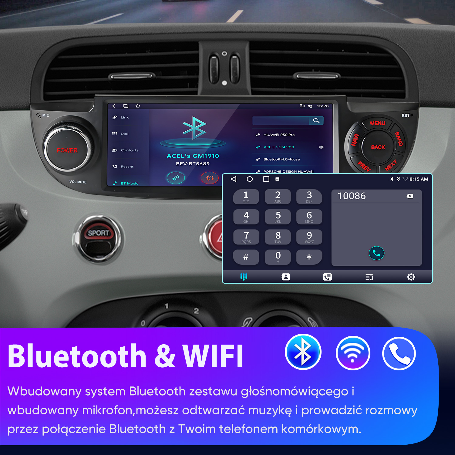 Radio samochodowe z ekranem dotykowym pokazuje opcje Bluetooth. Tekst poniżej o Bluetooth i WIFI.